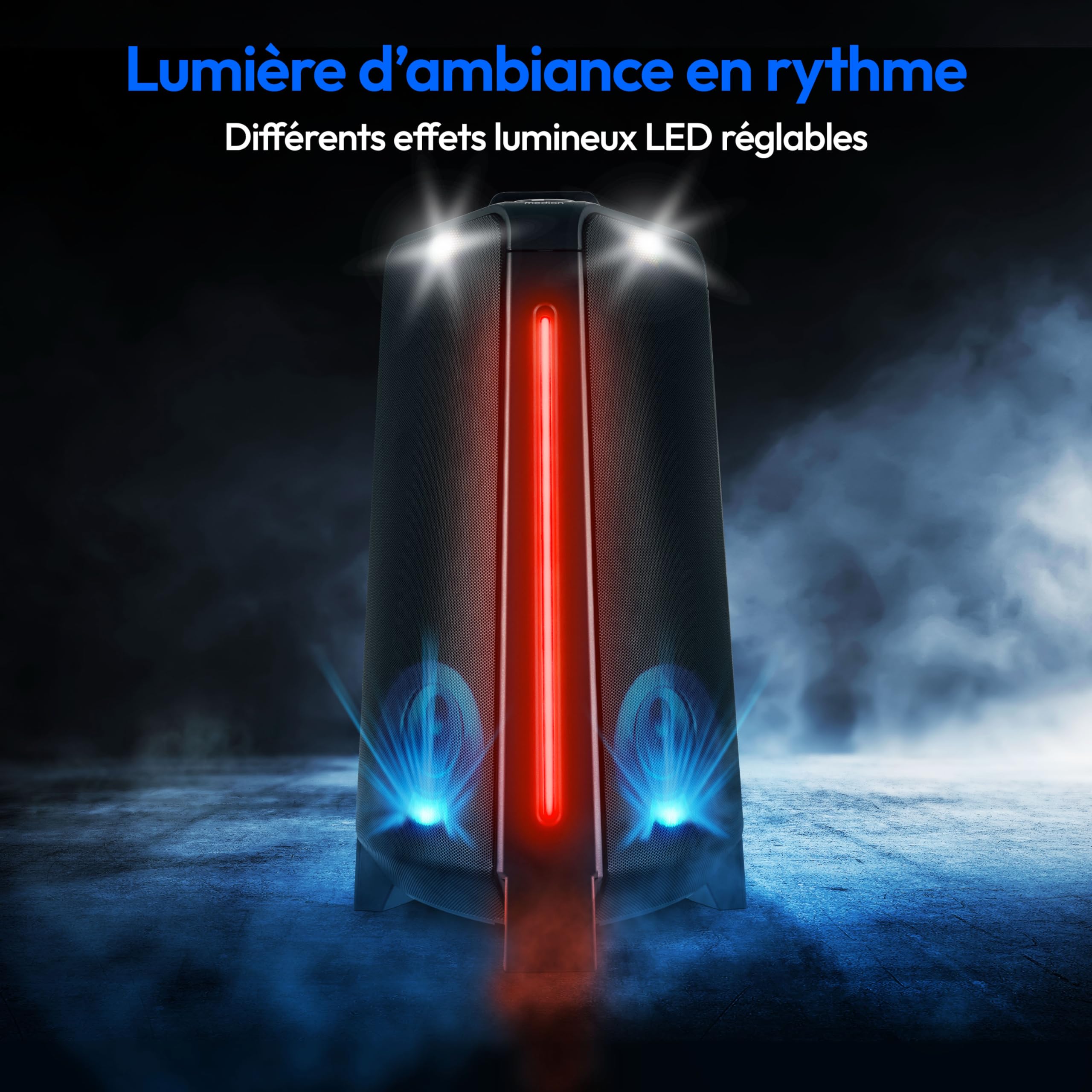 MEDION P15012 Party-Soundsystem (haut-parleurs de fête avec microphone, karaoké Partybox, batterie, Bluetooth, True Wireless Stereo, 2X 220 watts, effets lumineux, USB, AUX, 2X prise microphone, insta