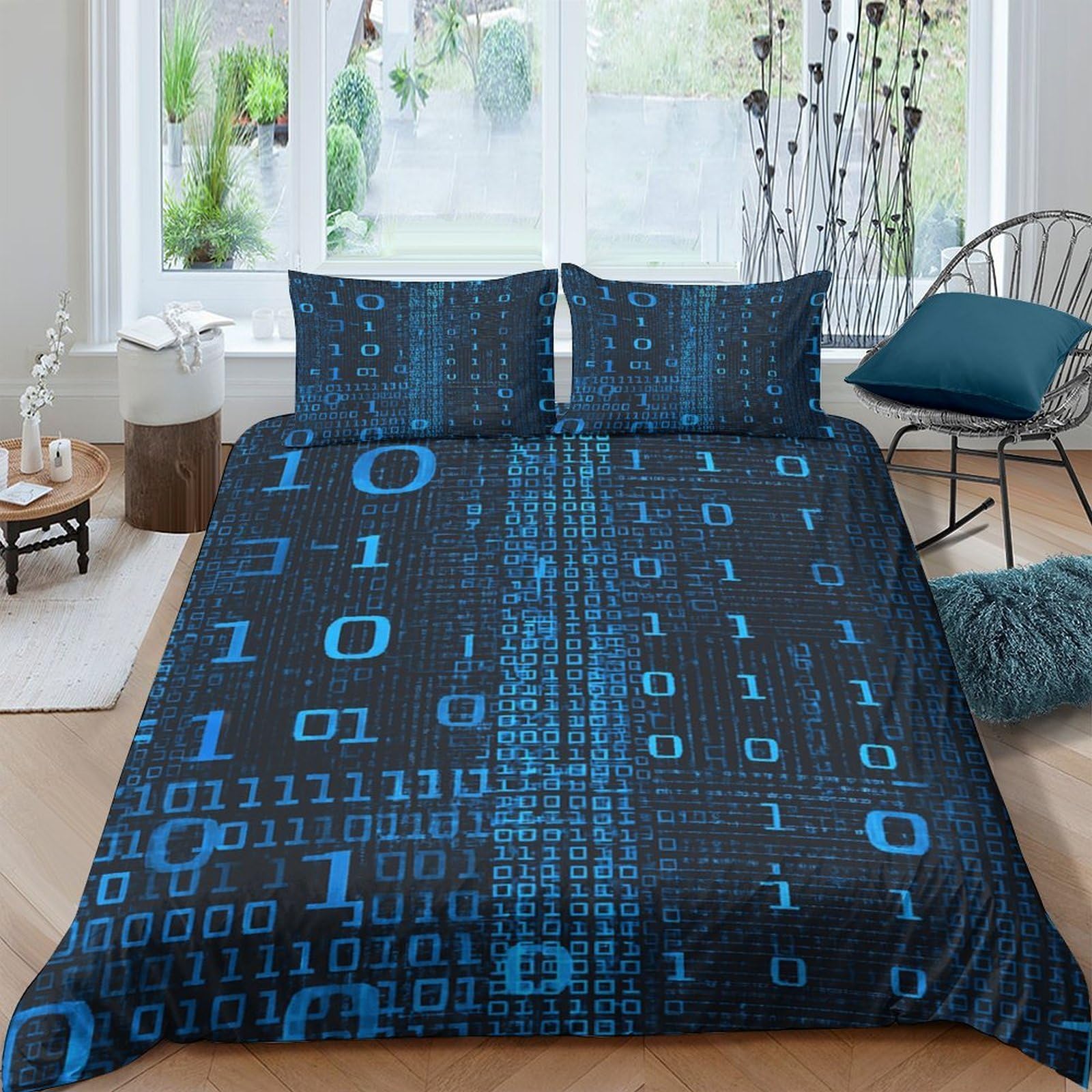 Ctjqhvkz Style-10 3D Printed Matrix Code Fitted Sheet Microfiber Soft Blue Binary Pattern Mattress Cover Bedroom Decor Protector Single（135X200cm）