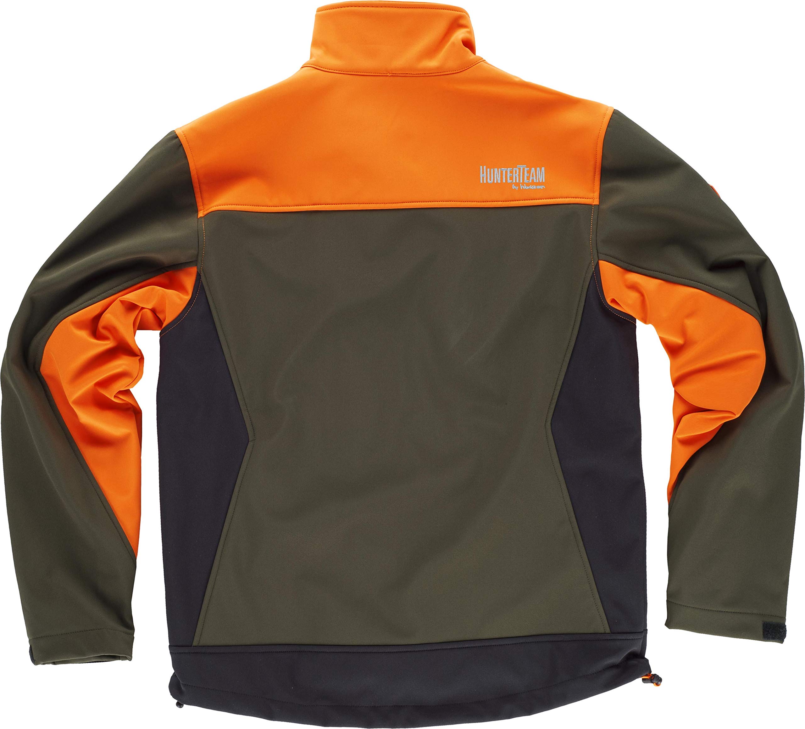 Work Team Chaqueta Caza y Pesca workshell combinada Tricolor. Cuello Alto y cubrecosturas Interior. Canesús Combinados. Cierre de Cremallera de Nylon. Hombre Verde Caza+Naranja A.V.+Negro L