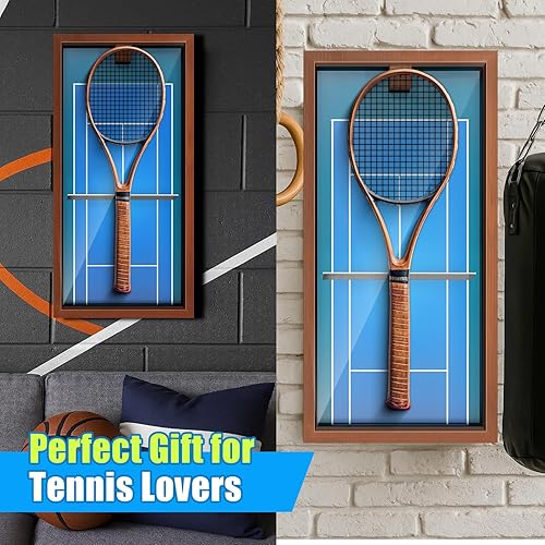 Miniatura 6 de Chunful Marco de exhibición de raqueta de tenis de madera, soporte de almacenamiento de raqueta de tenis montado en la pared con base de nogal