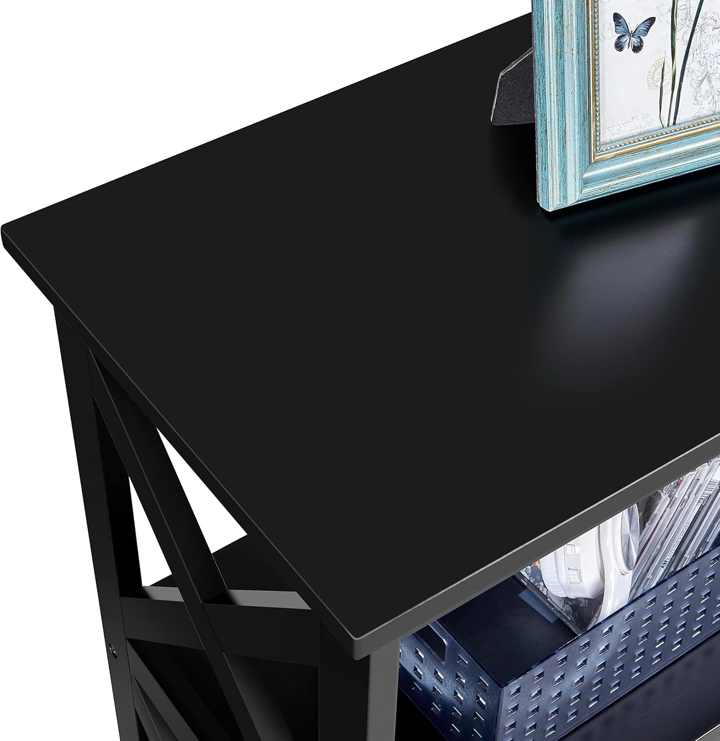 Topeakmart Console Table with 2 Outlets and 2 USB Ports, 3-Tier Entryway Table with Wood Frame & X-Shaped Design, Sofa Table Narrow Long for Living Room/Hallway/Bedroom, Black