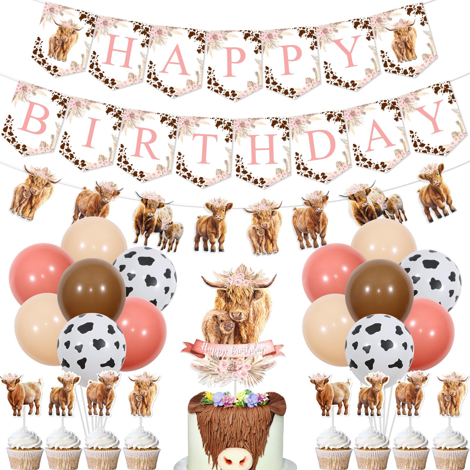 Highland Cow Birthday Decorations Girl, Boho Retro Floral Party Supplies - Happy Birthday Banner, Cattle Garland, Cake Toppers, Balloons for Farm