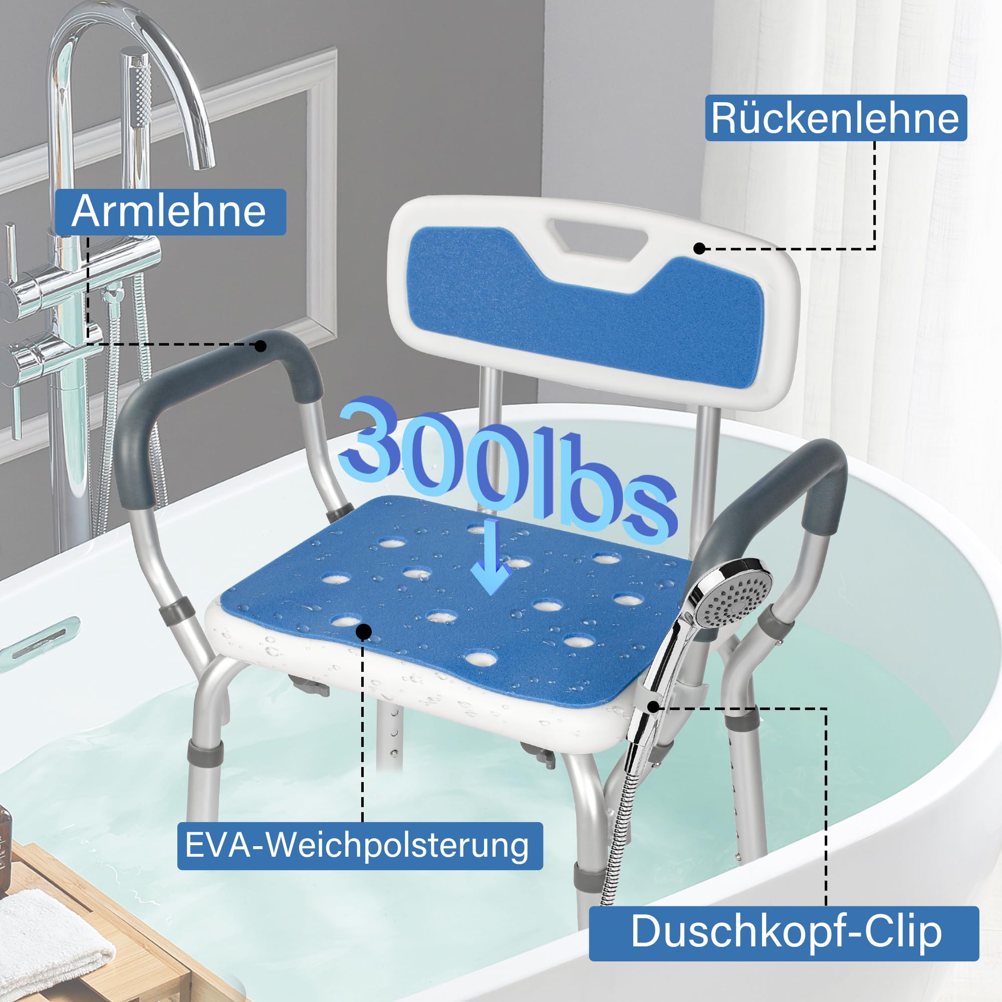 Duschstuhl für Senioren mit Abnehmbarem Griff und Rückenlehne, Höhenverstellbar, Rutschfester Duschhocker aus Aluminium, Belastbar bis 136 kg, Geeignet für Senioren, Verletzte und Schwangere