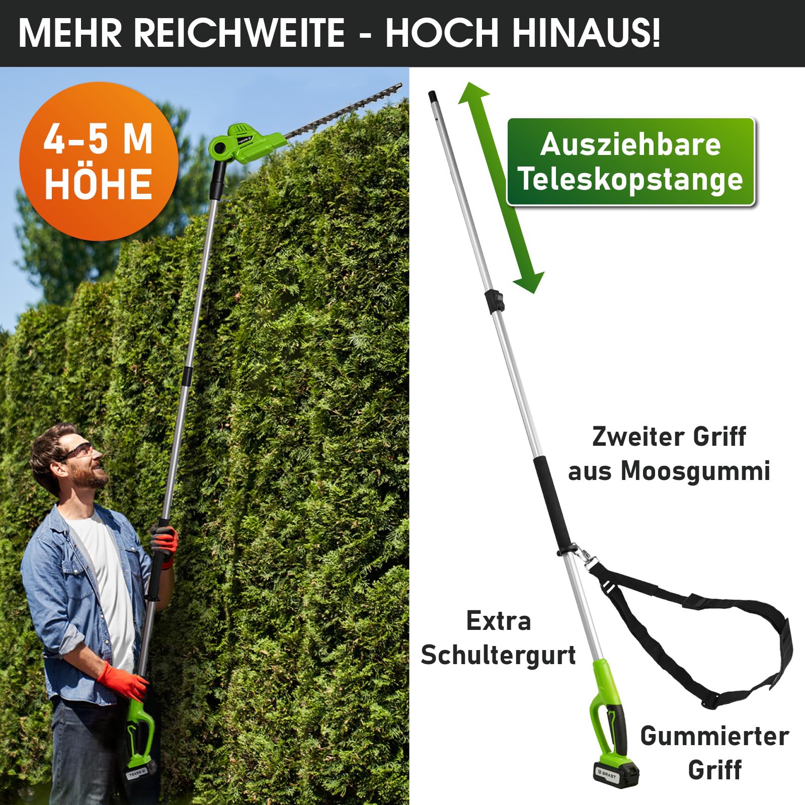 BRAST® Teleskop-Heckenschere und Hochentaster | 2in1 Funktion | 2X 20V 4Ah Akkus + Ladestandsanzeige | stufenlos verstellbar | inkl. Schnellladegerät, gummierter Griff + Schultergurt