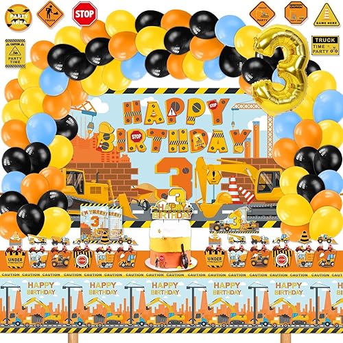 Mpanwen Suministros de fiesta de cumpleaños de construcción para niños de 3 años, 139 piezas de decoraciones de fiesta de camión volquete para niños