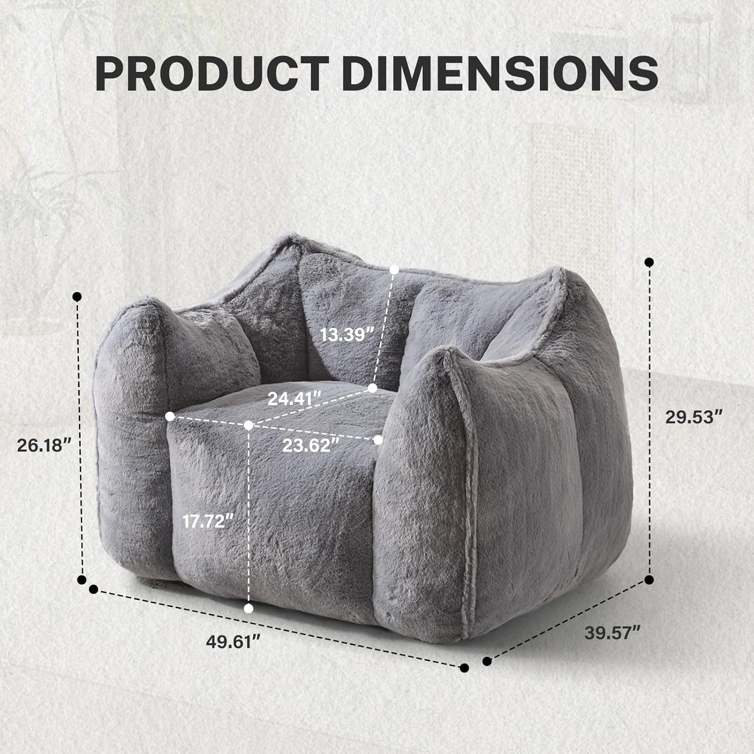 Giant Bean Bag Chair, Comfy Large Bean Bag Chairs for Adults and Kids, Fluffy Faux Rabbit Fur Floor Sofa for Living Room Bedroom Apartment, Grey