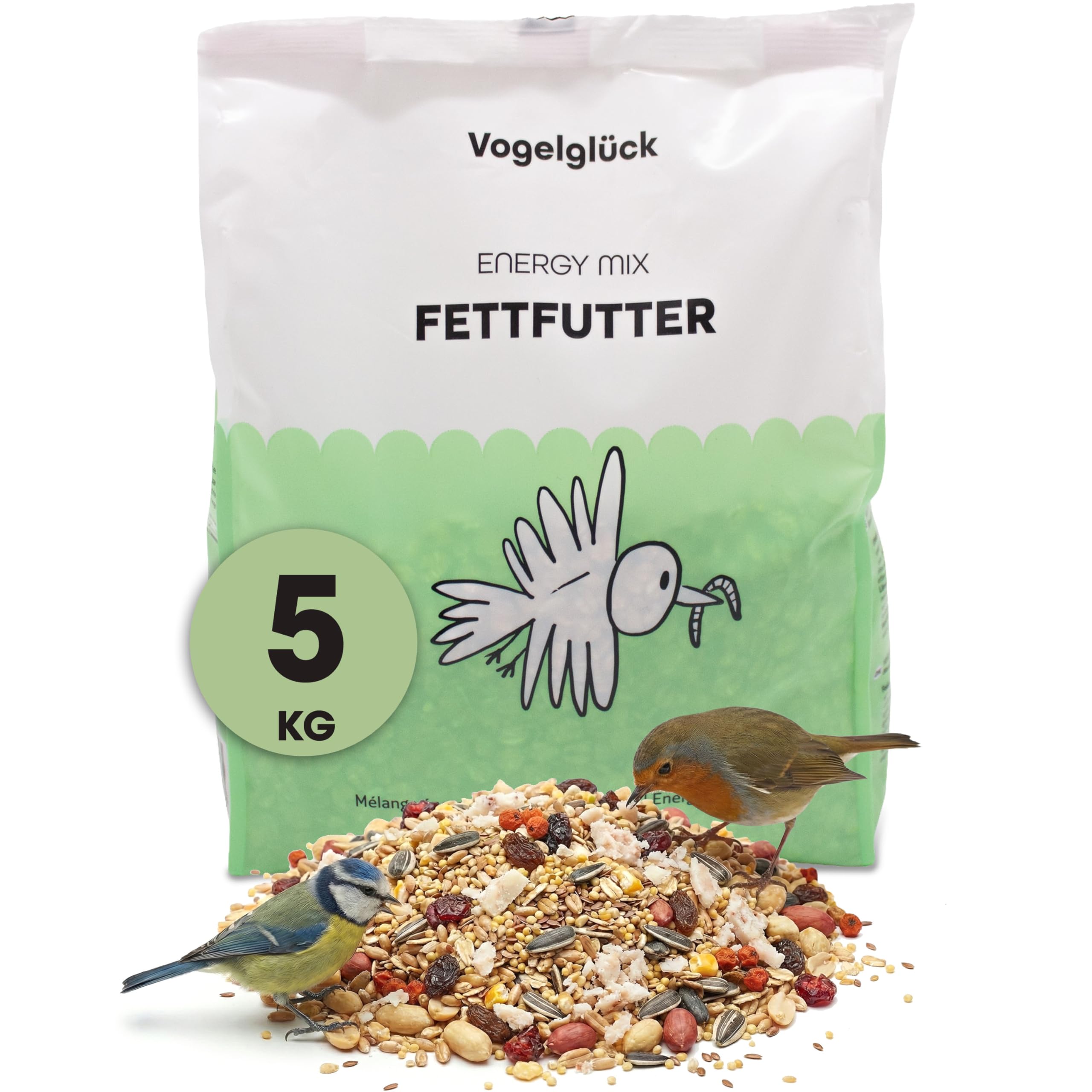 Vogelglück Vogelfutter Fettfutter 5 kg – energiereiches, Vogelfutter mit Getreideflocken, Nüsse, Früchte, Saaten, Öle und Fette – für Wildvögel, Weichfresser, Fütterung am Balkon und im Garten