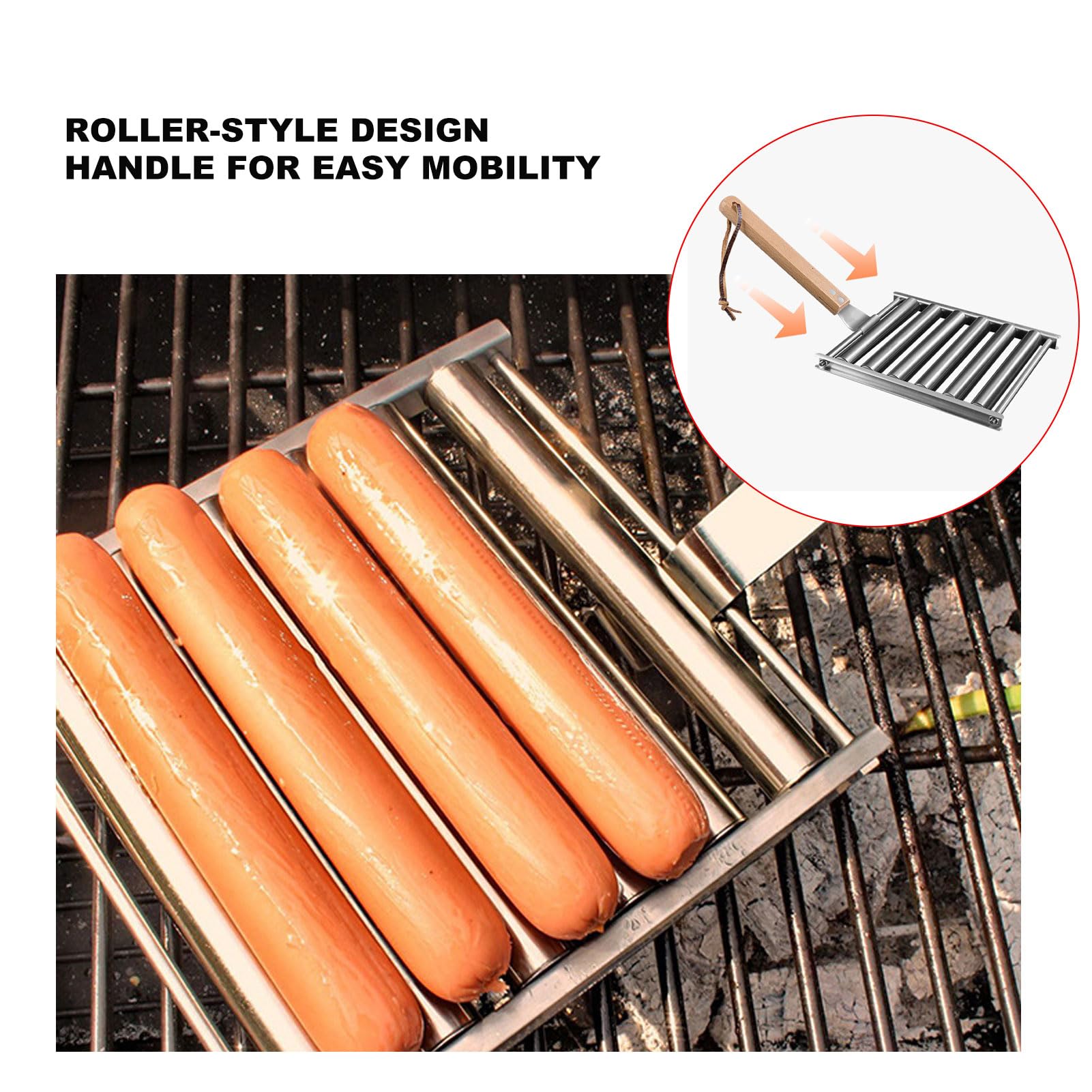 Hot Dog Roller Grill, Wurstroller Grill Abnehmbarer Würstchen Roller Grill mit extra langem Holzgriff für 5 Hot Dogs Miniwürsten Bratwürsten Taquitos (L)
