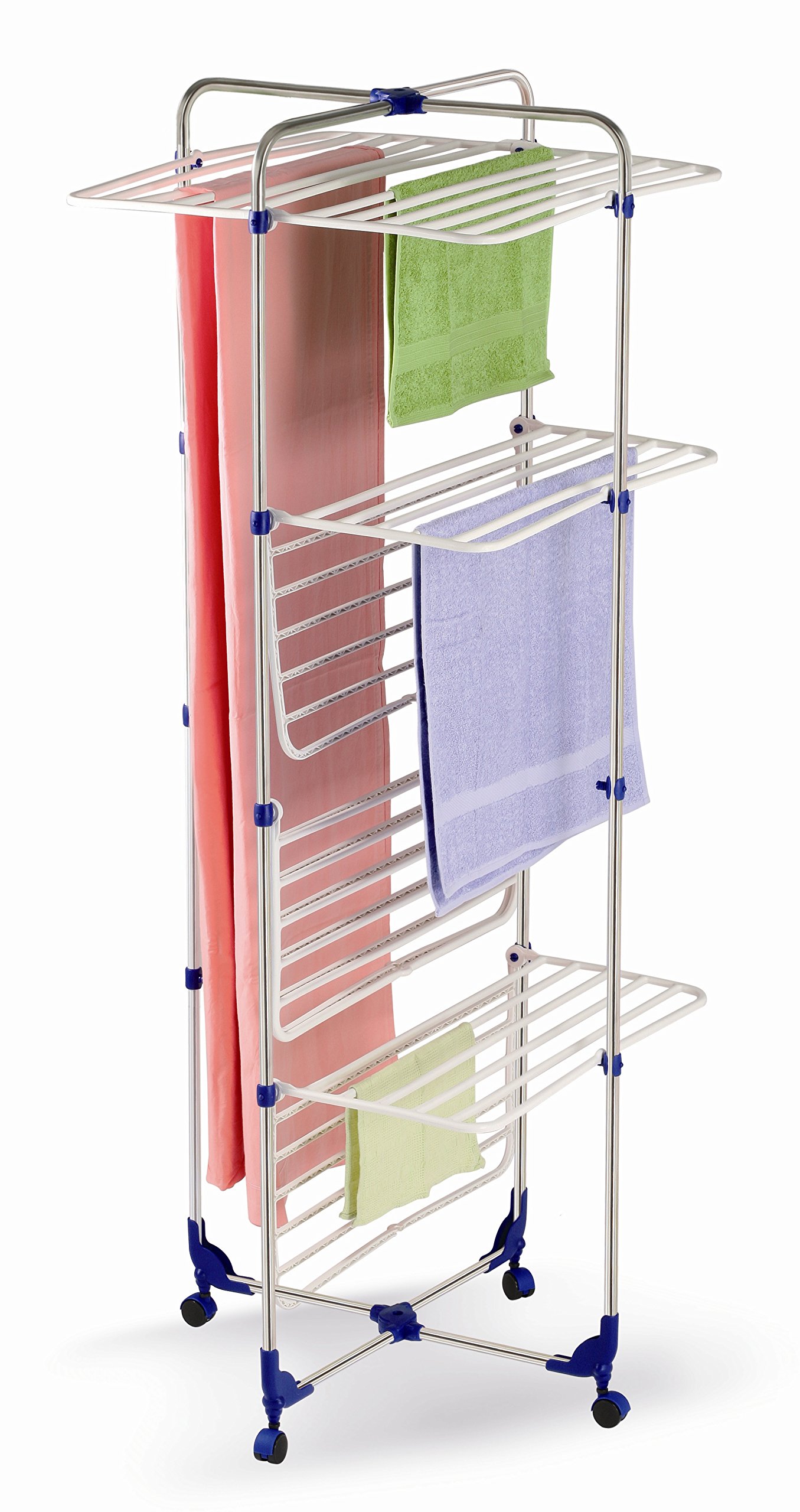 Casabriko New York 4 Piani Inox - Stendino a Torre in Acciaio Inox con Snodi 360°, Piedini angolari e Rotelle. 33mt di Stenditura.