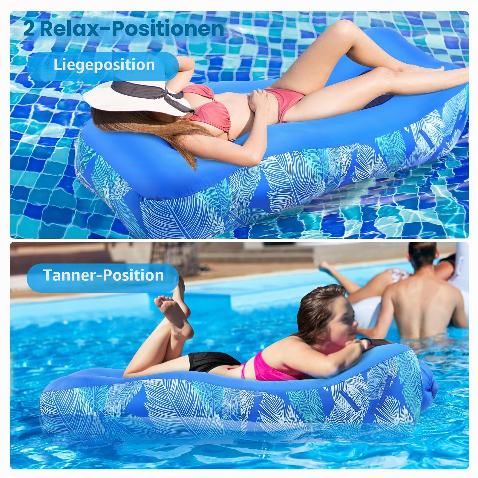 Aufblasbare Liege, einzigartiges Schatten-Design, aufblasbares Strandbett mit Kissen, wasserdichtes aufblasbares Sofa, Campingstuhl, Hängematte für Wandern, Hof, Reisen, Strand, Picknick (Blau)