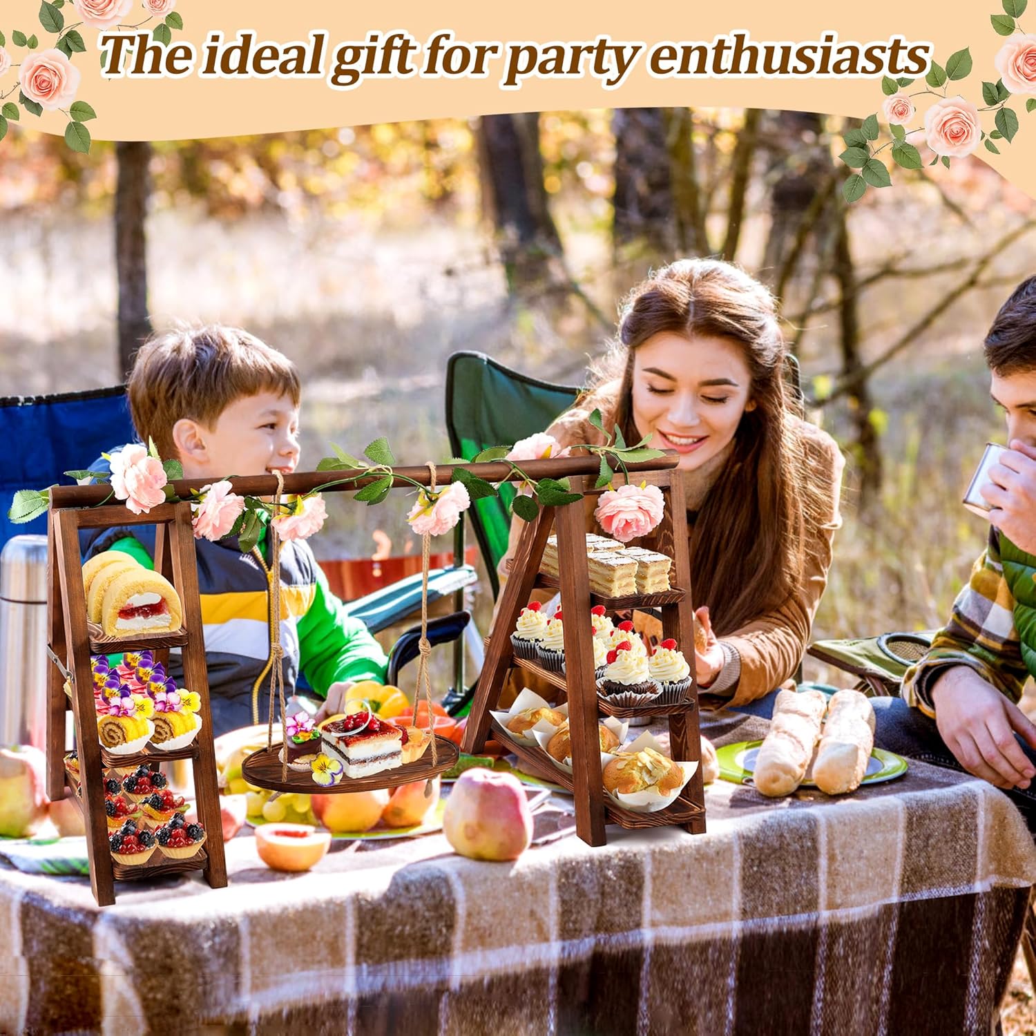 3 Tier Wooden Cupcake Stand with Swing and Flower Decoration, Large Dessert Stands with Serving Tray, Removable Trays, Foldable Ladder Food Display Set for Cake Snack Fruit Chips Bread Centerpieces (Dark Brown)