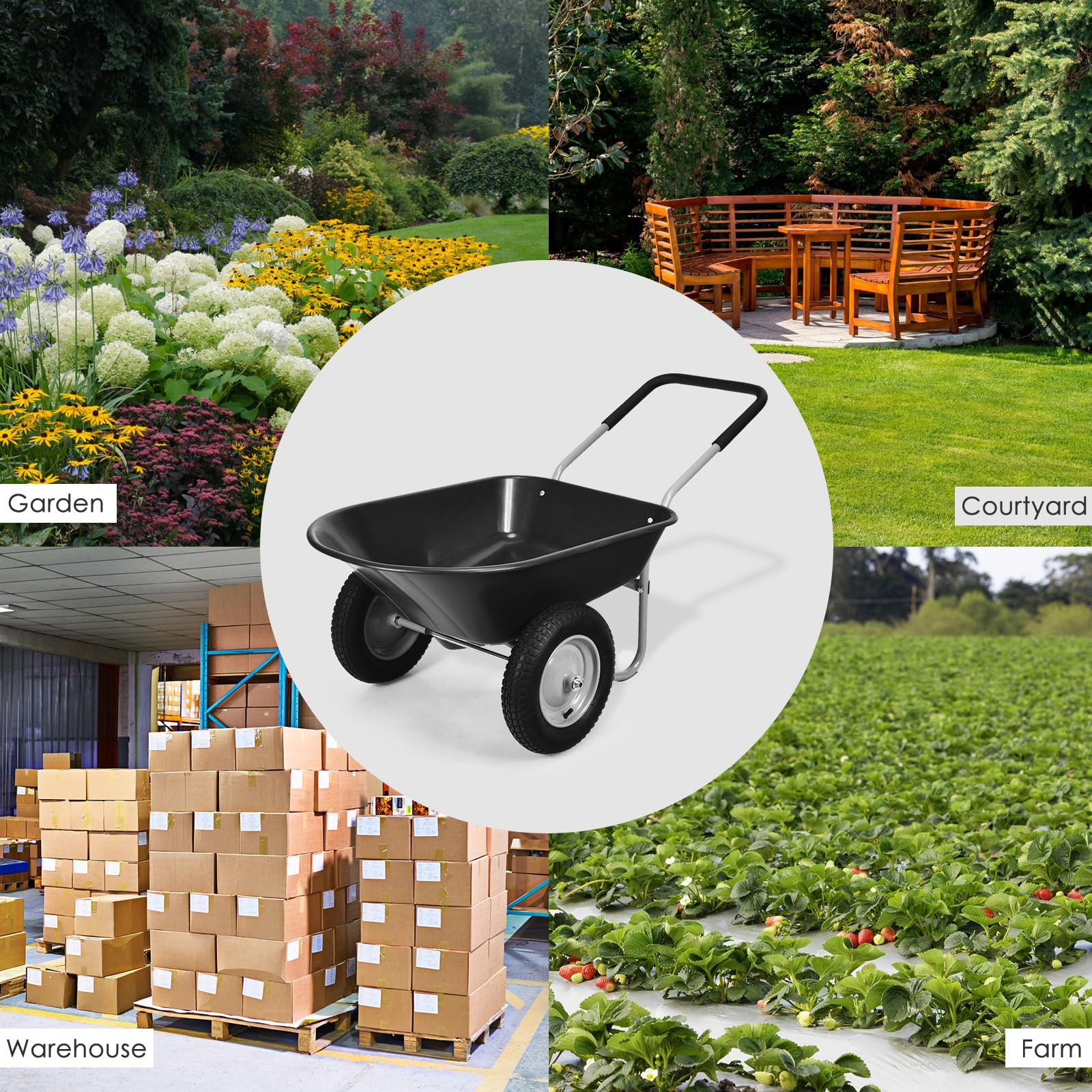 SOARS Carretilla de 100 litros de volumen, carretilla de jardín con 2 neumáticos de aire, mango de goma, carretilla de transporte, ideal para mover el suelo, arbustos de plantas, herramientas de