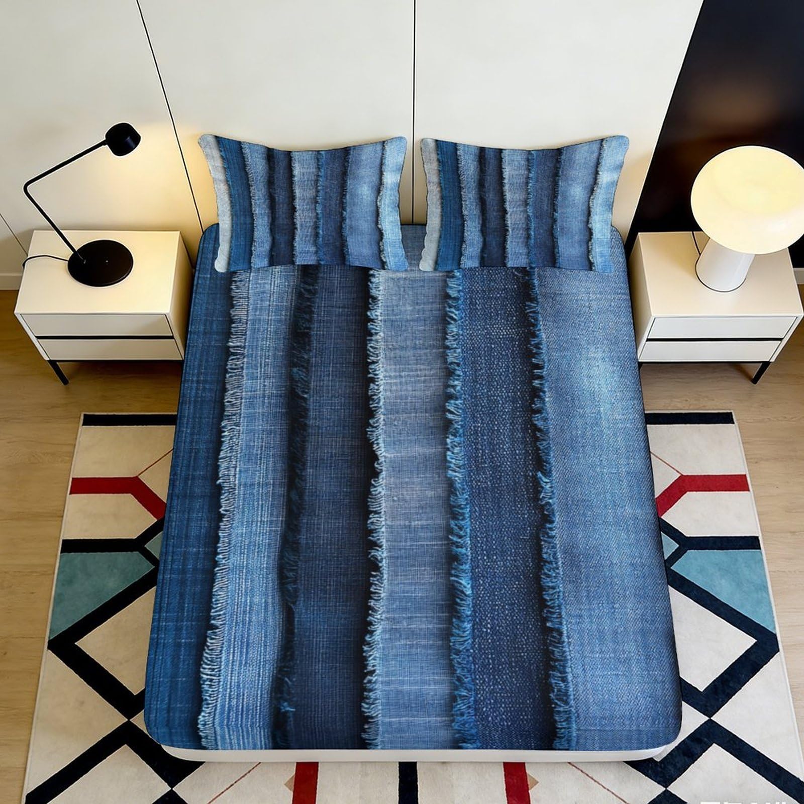 3D Printed Blue Gradient Stripe Fitted Sheet Microfiber Bedding Modern Abstract Mattress Cover for Bedroom Guest Room 90x200x25cm