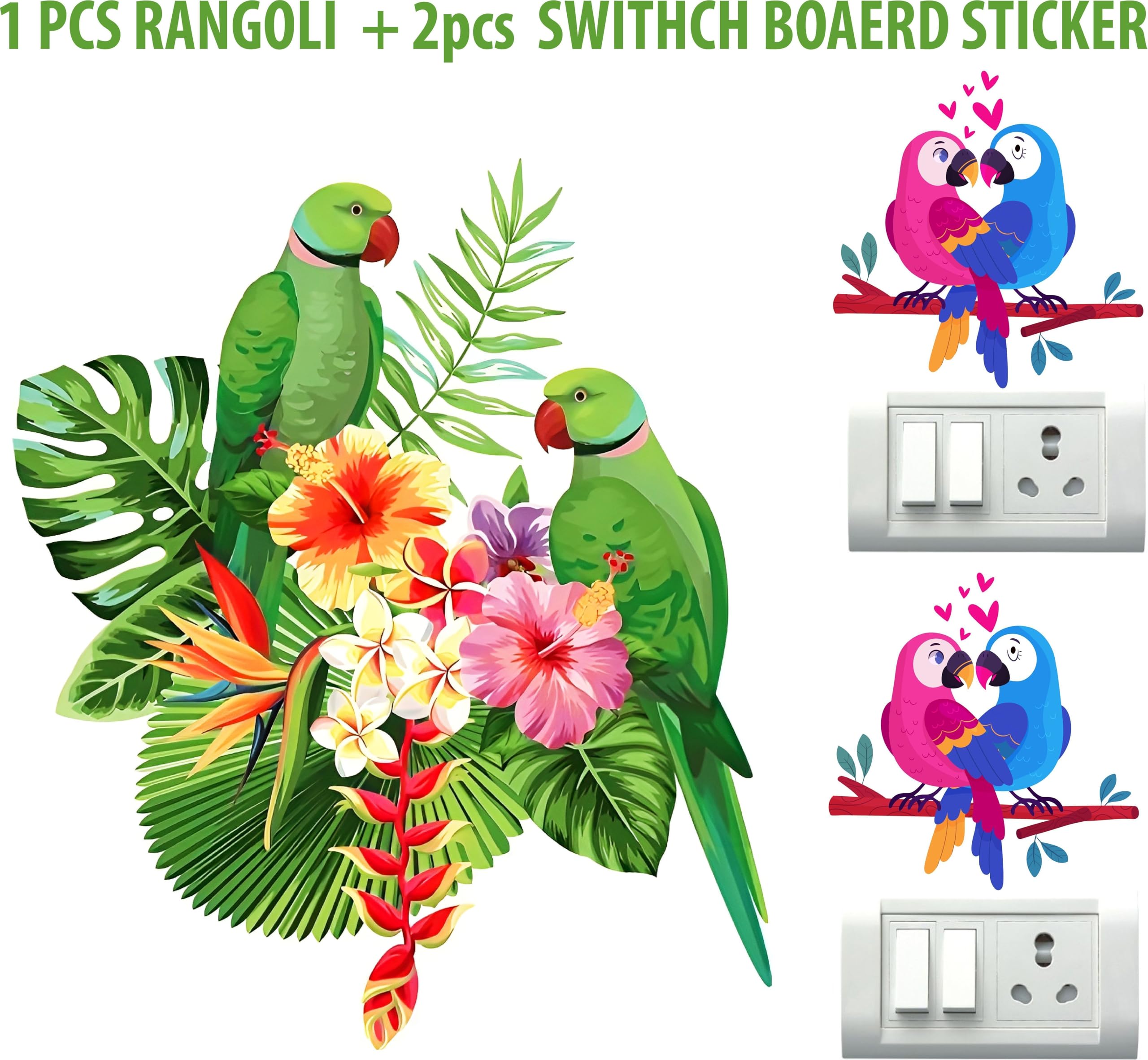 ARNEMA Vastu Green Parrot Switch Board Stickers Set of 2 | Decorative Wall Stickers for Home Positivity & Good Luck 1