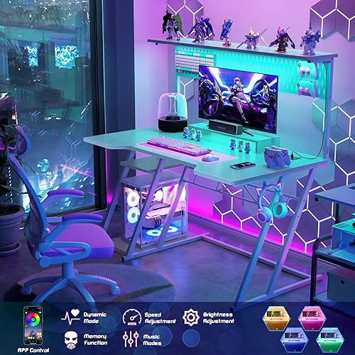 Miniatura 4 de Escritorio para computadora Armocity para videojuegos con enchufes, escritorio para juegos con alacena y luces LED, escritorio reversible para PC