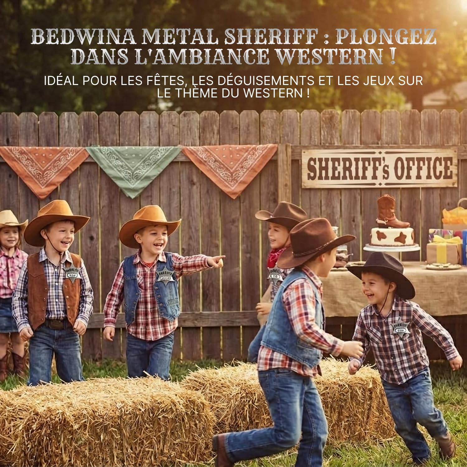 Badges de shérif en métal – Lot de 24, Silver Star Badges nominatifs Western Cowboy pour enfants