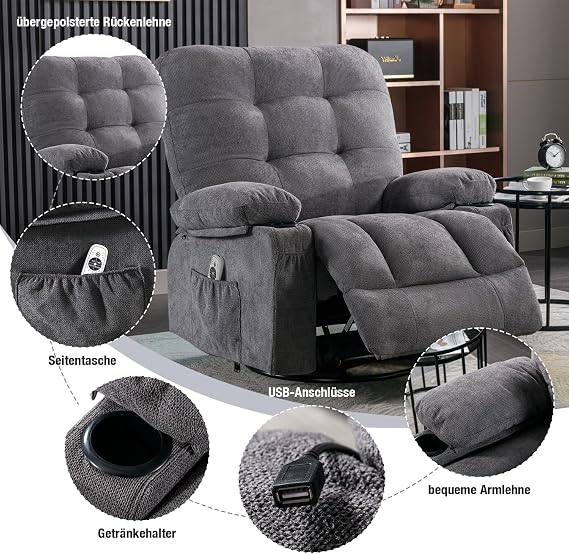 Bosmiller Recliner Chair with Reclining Function Electric TV Chair Oversize 360° Rotating Recliner Chair with Heat Function Heating Adjustable Chair Fabric TV Chair for Living Room Grey