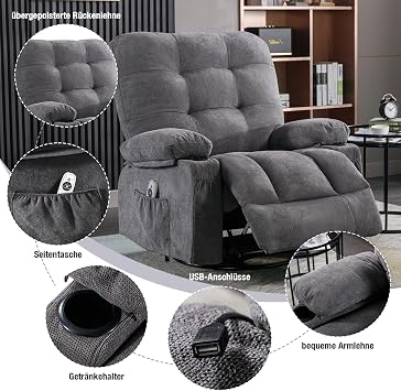 Bosmiller Recliner Chair with Reclining Function Electric TV Chair Oversize 360° Rotating Recliner Chair with Heat Function Heating Adjustable Chair Fabric TV Chair for Living Room Grey