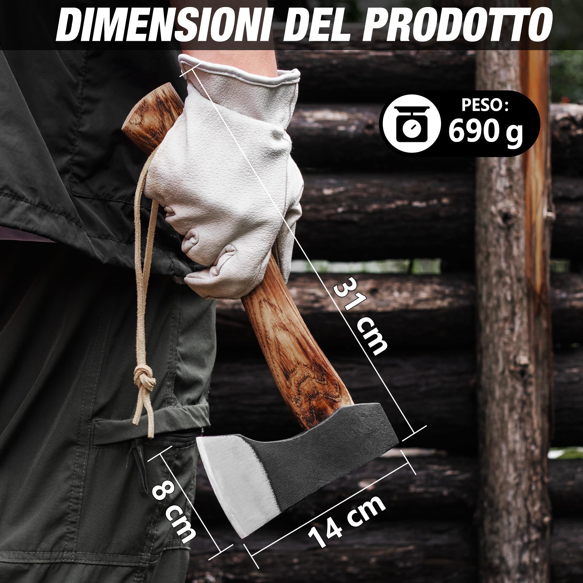 FLISSA Ascia Outdoor Con Manico In Legno E Fodero In Pelle, 690 G – Ascia Compatta Da Campeggio Da 310 Mm Per Giardinaggio, Escursionismo E Outdoor