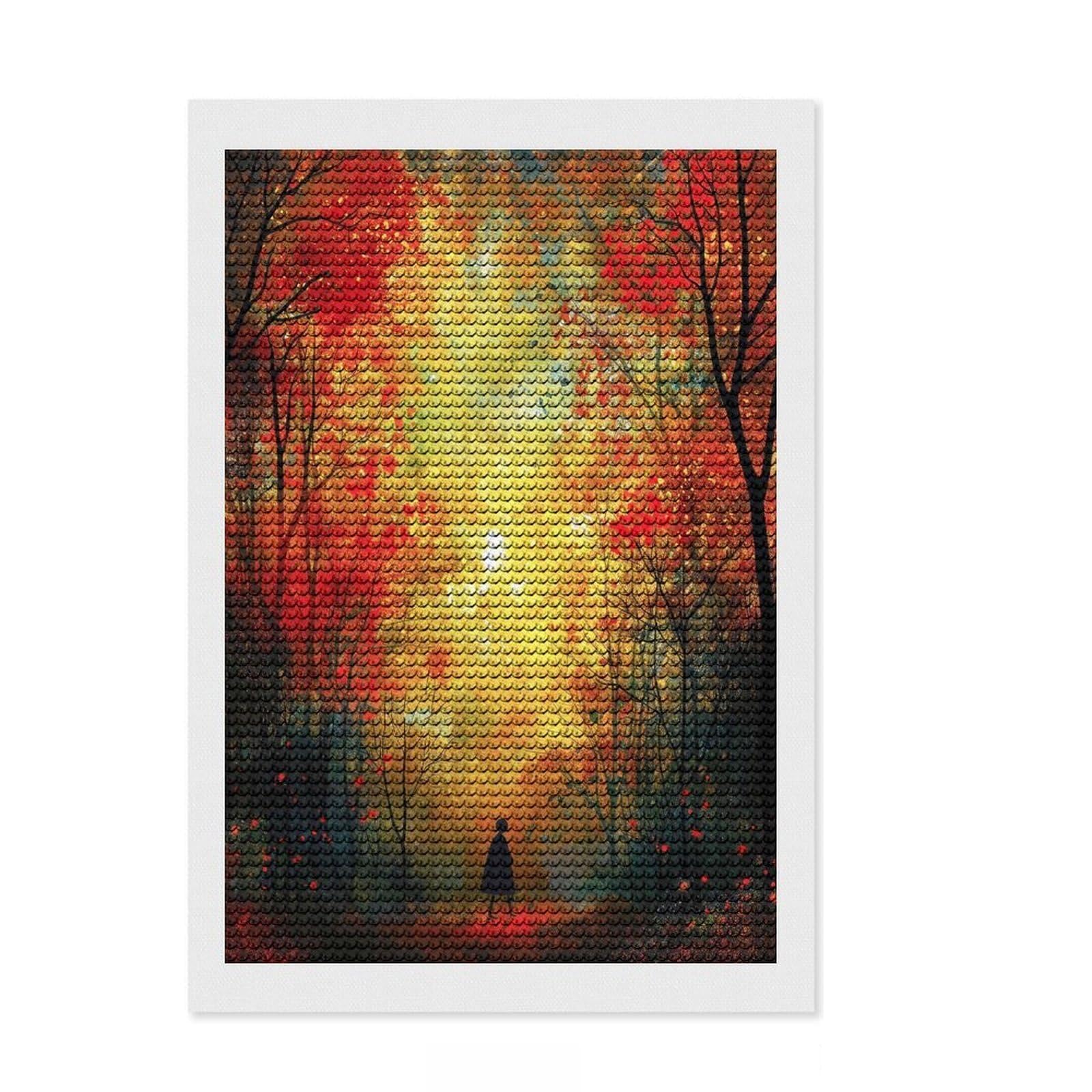 Junmoney Autumn Wander Full Drill Diamond Painting Kit 8"x12", Neat Printed Canvas, Sparkling Round Gems, Easy Handmade Project