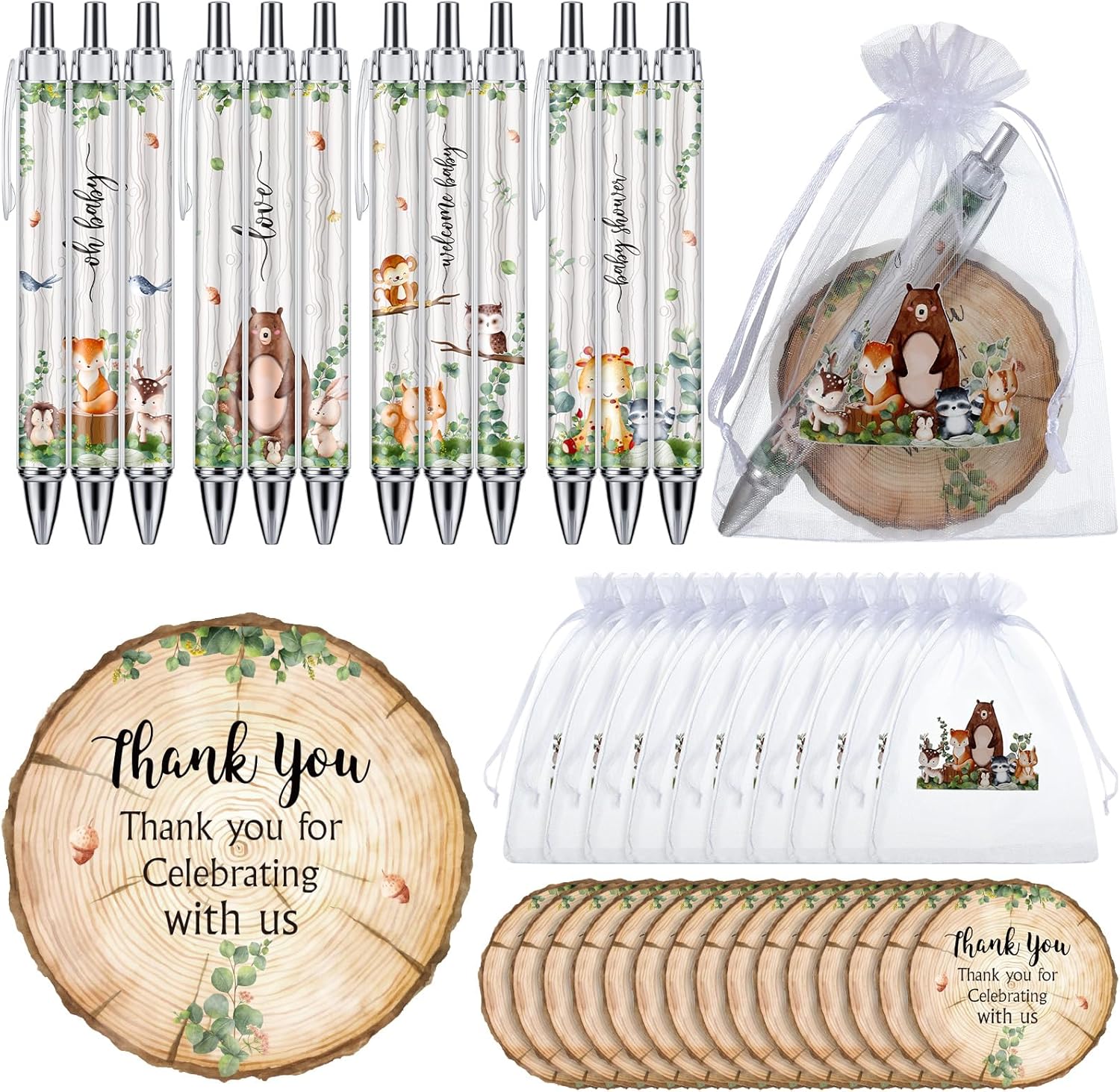 50 Sets Baby Shower Favors Gifts for Guests Includes 50 Pcs Ballpoint Pens, Thank You Cards and Organza Bags(Woodland Animal)