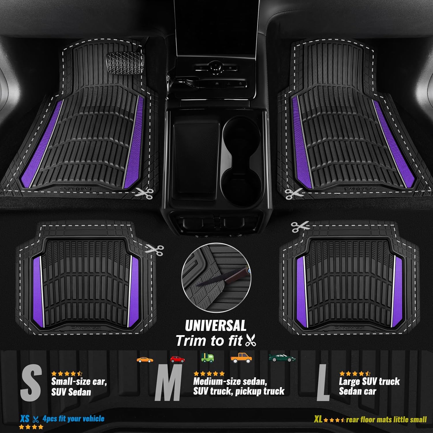 CAR PASS Heavy Rubber Car Floor Mats, Deep Waterproof Car Floor Mats All Weather, Aluminum Film Universal Trim to Fit for Cars SUV Trucks Sedans, Anti-Slip, Black Purple Metallic