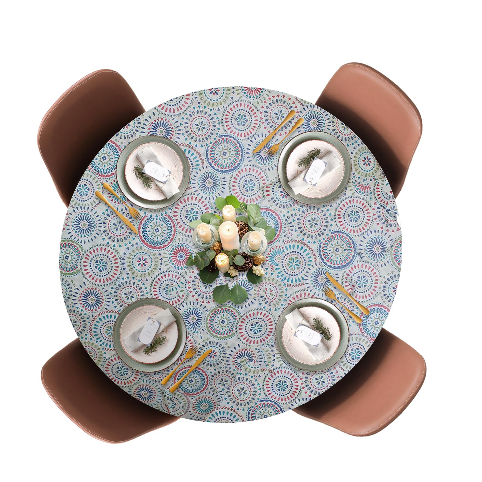 Covers For The Home Deluxe Elastic Edged Flannel Backed Vinyl Fitted Table Cover - Multi-Color Geometric Medallion Pattern - Large Round Oblong Oval - Fits Tables up to 45" - 56" Diameter