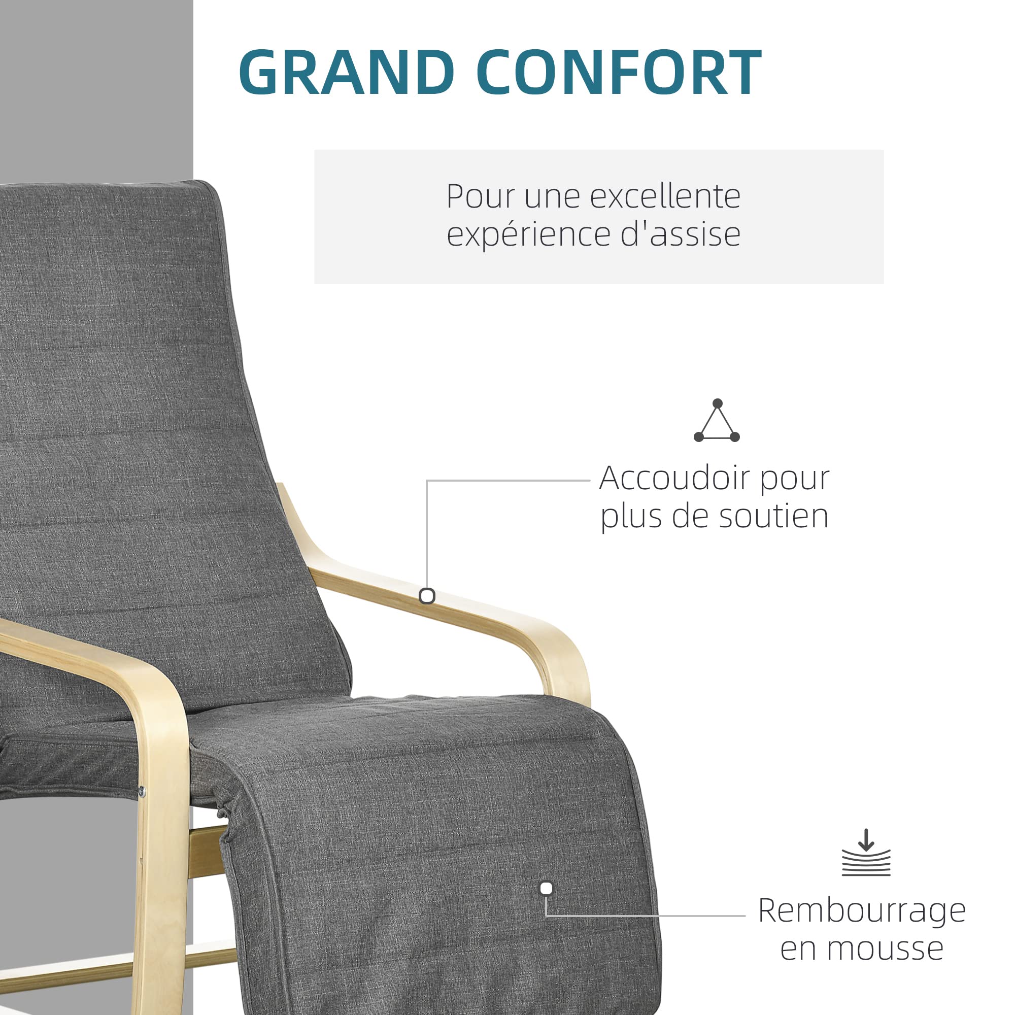 HOMCOM Fauteuil Relax Chaise de Salon avec Repose-Pied réglable déhoussable Confort et Relaxation 94 x 66,5 x 100 cm Bois Massif Gris