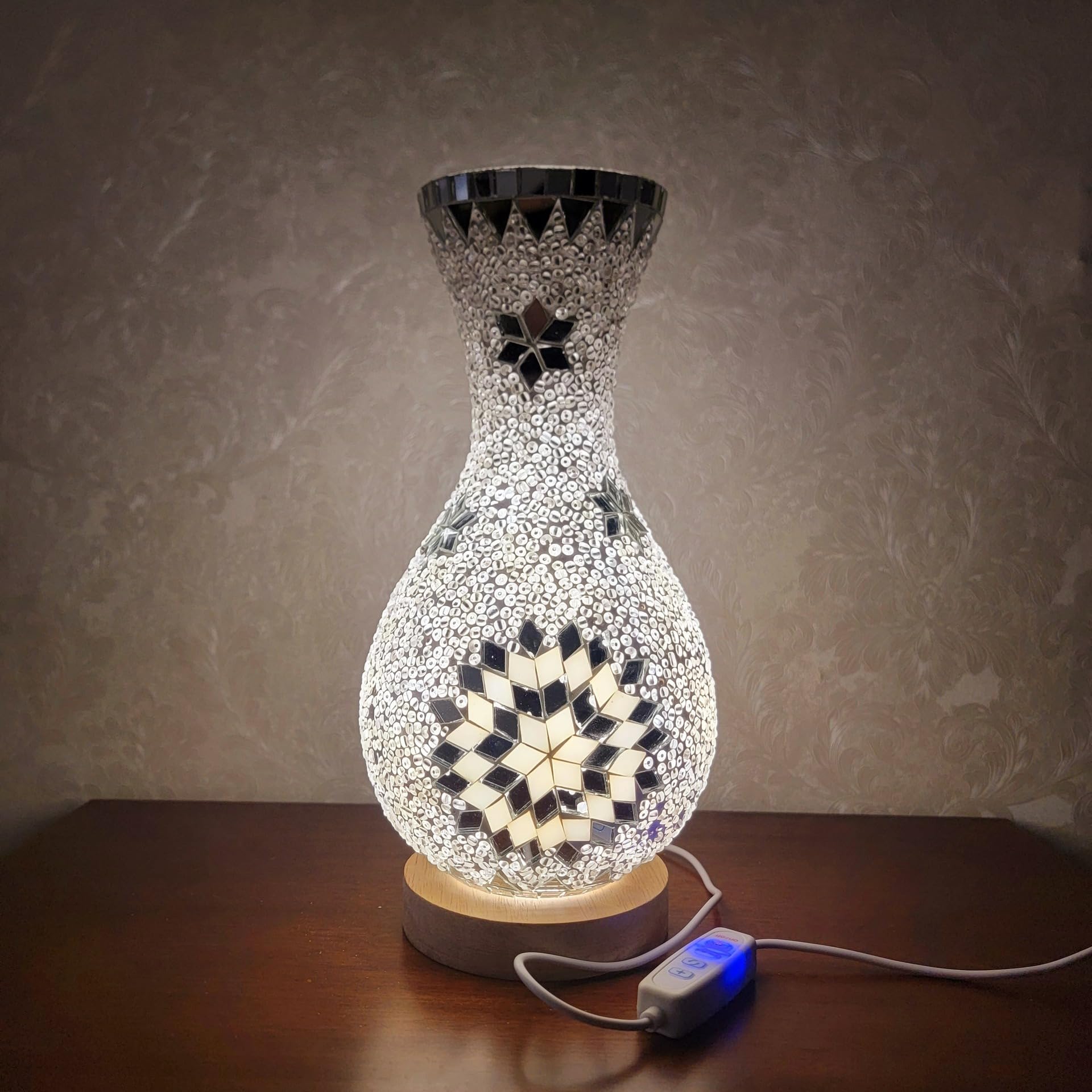 Maimeili Retro Turkish Mosaic Vase Lamp Turkish Moroccan Table Lamp Colorful Handmade Glass Vase with Wood Base for Flowers USB Charge Decor Light for Bedroom Ambient Living Room Farmhouse