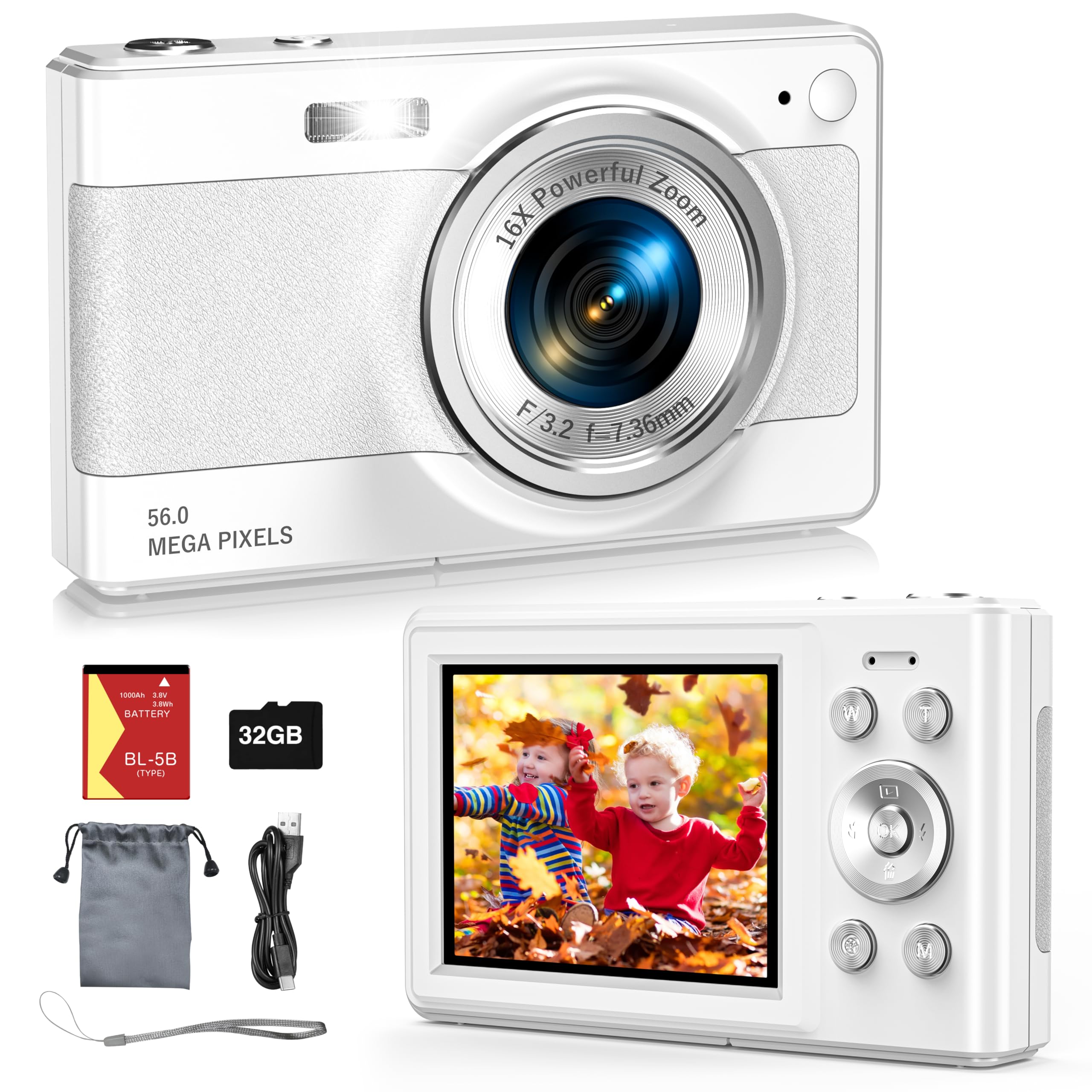 Photo 1 of 2025 New Digital Camera, 56MP FHD 1080P for Kids with 16x Digital Zoom Anti Shake, Face Detect, Smile Capture, 32GB TF Card, Battery, Lanyard, a Great Gift for Boys & Girls?White?