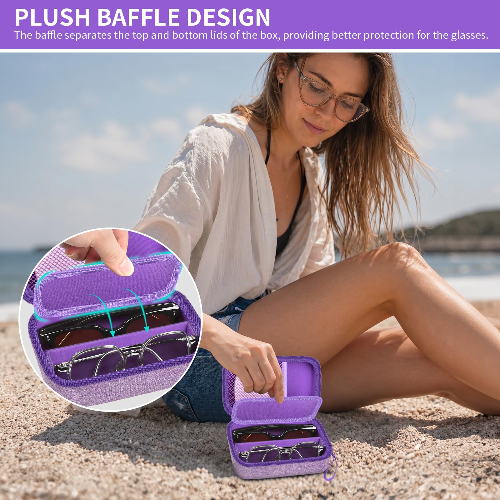 GWCASE Organizer per occhiali da viaggio e custodia per lenti a contatto, slot regolabili, specchio integrato, pinzette, bottiglia per soluzione e cinturino da polso, universale, adatto per ciglia