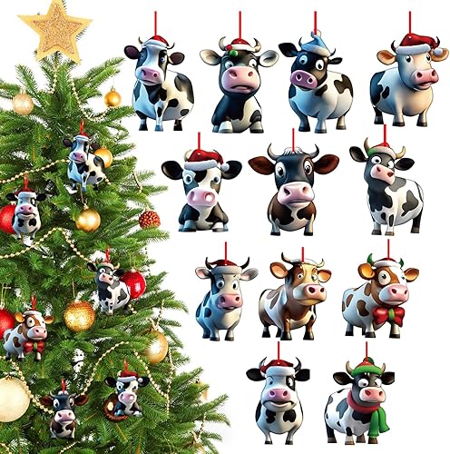 D24TIME Adornos colgantes decorativos de vaca navideña, 12 piezas de madera, divertidos adornos de animales de vaca de granja para decoraciones de