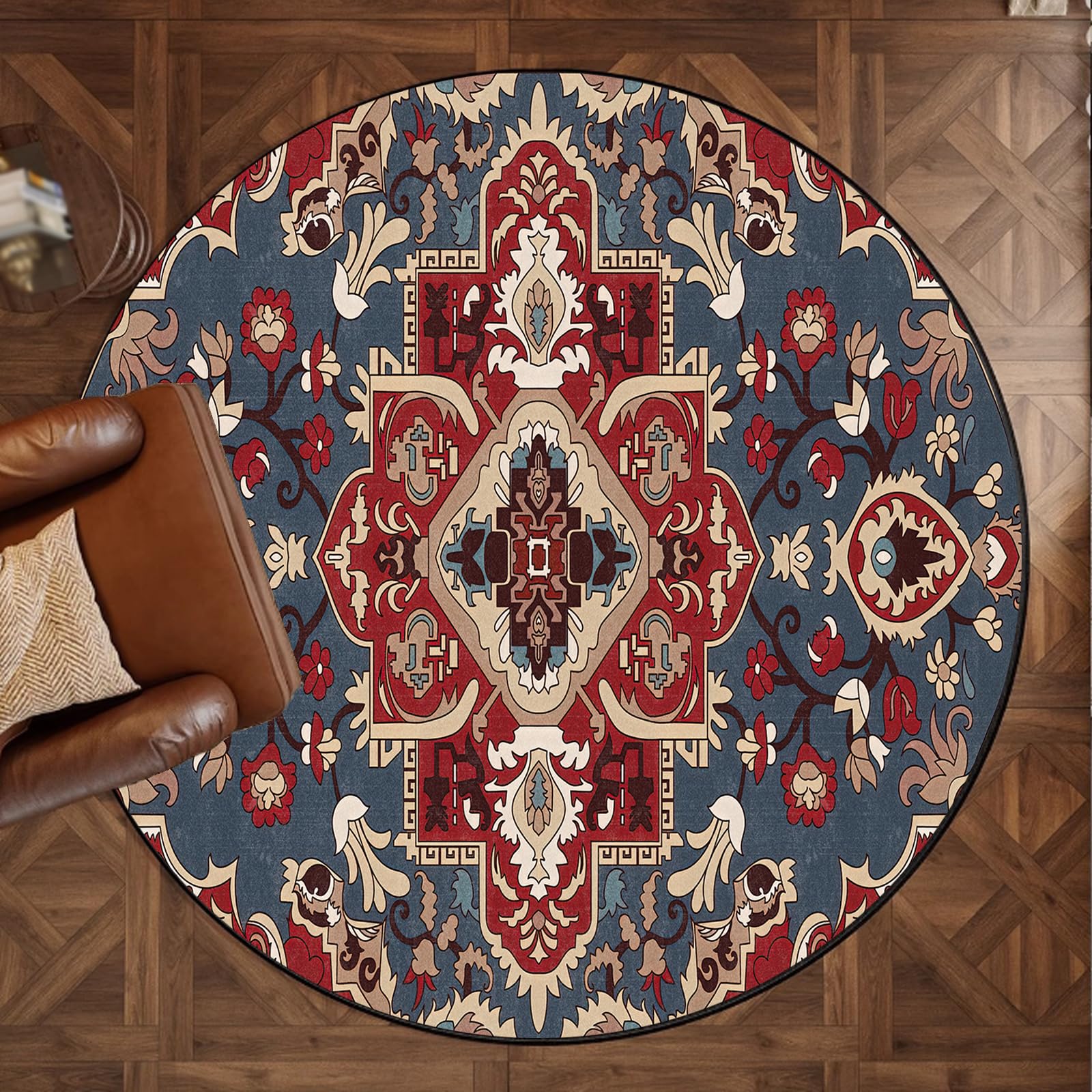 Tapis rond vintage floral multicolore 120 cm pour égayer un salon sombre