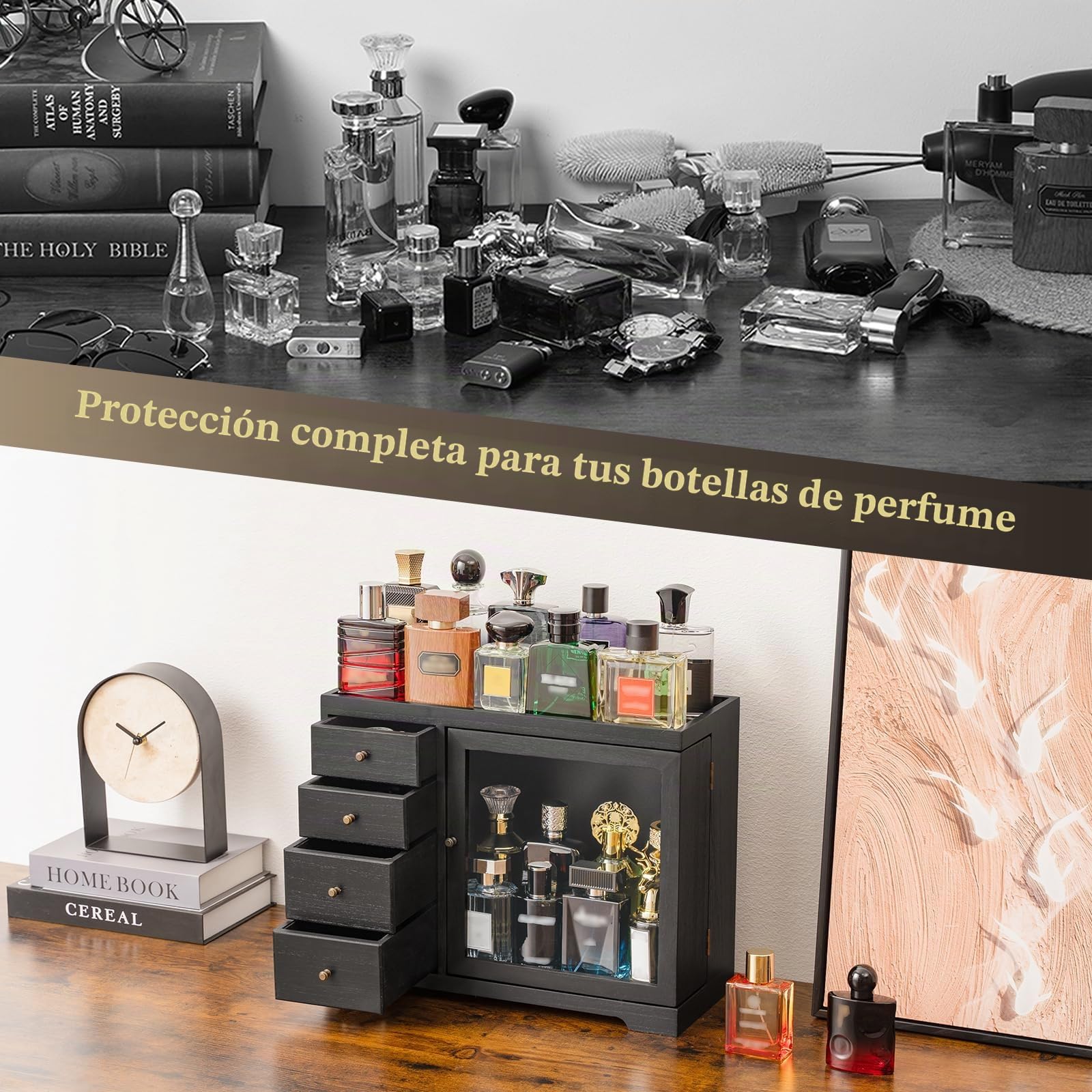 Organizador de perfume, soporte de perfume de madera para hombre con cajón, estante para perfume con tapa transparente visible, caja de almacenamiento premium para fragancias, cosméticos y