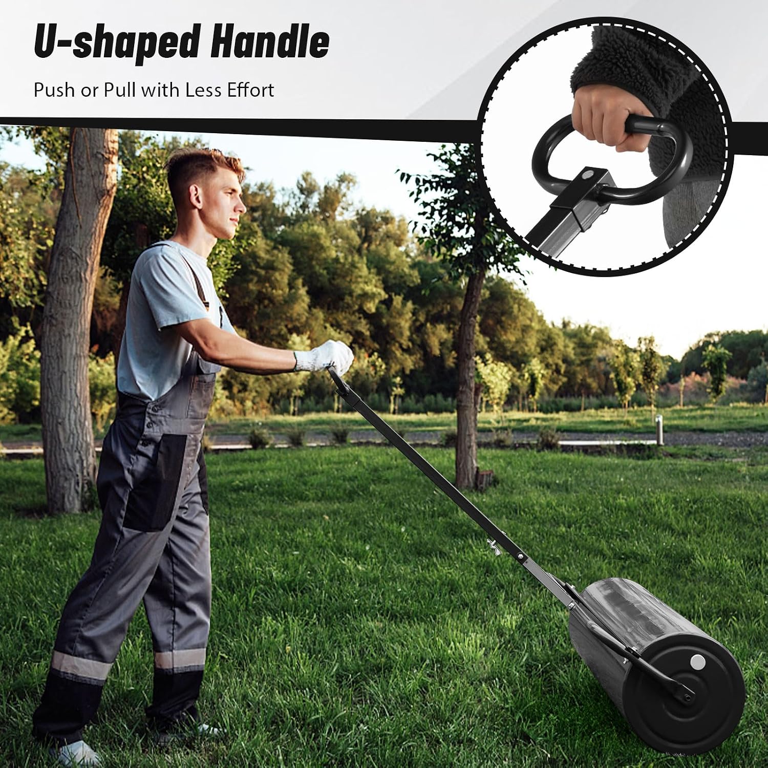 TANGZON 63L/113L Garden Lawn Roller, Water Sand Filled Outdoor Grass Roller with Removable Drain Plug & Scraper Bar, Heavy Duty Metal Lawn Push Rolling Tool, 30/40CM Diameter (99 x 30 x 137cm, Black)