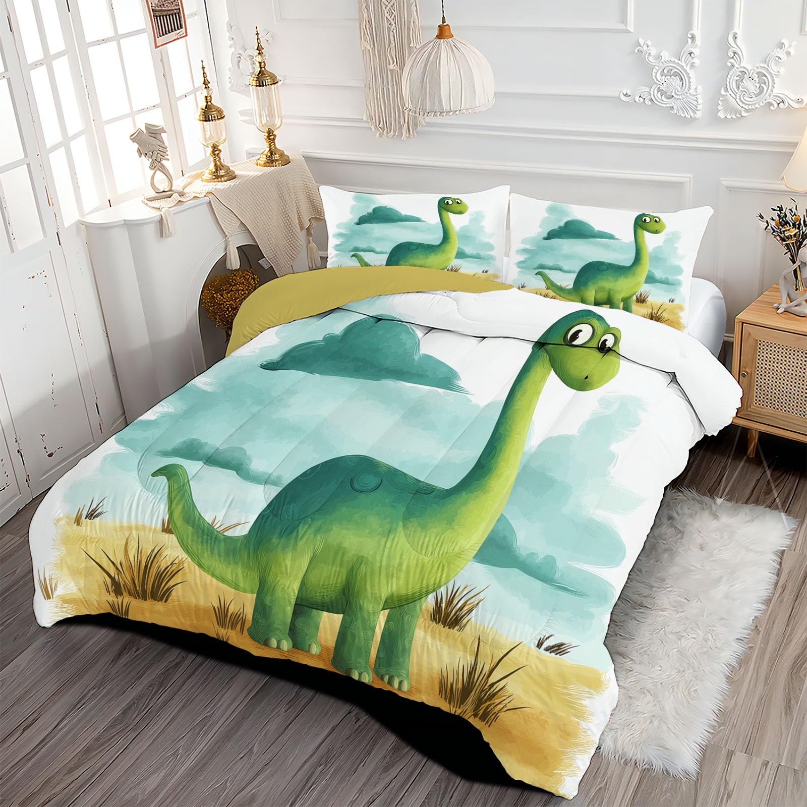 Trapunta Invernale in Ecopiuma, 260x230cm Set Piumone Bambino Imbottita 200 gr/mq Caldo e Morbido Piumino Trapuntato Dinosauro Cartoni Animati Coperta Letto Reversibile per 4 Stagioni, Azzurro Chiaro