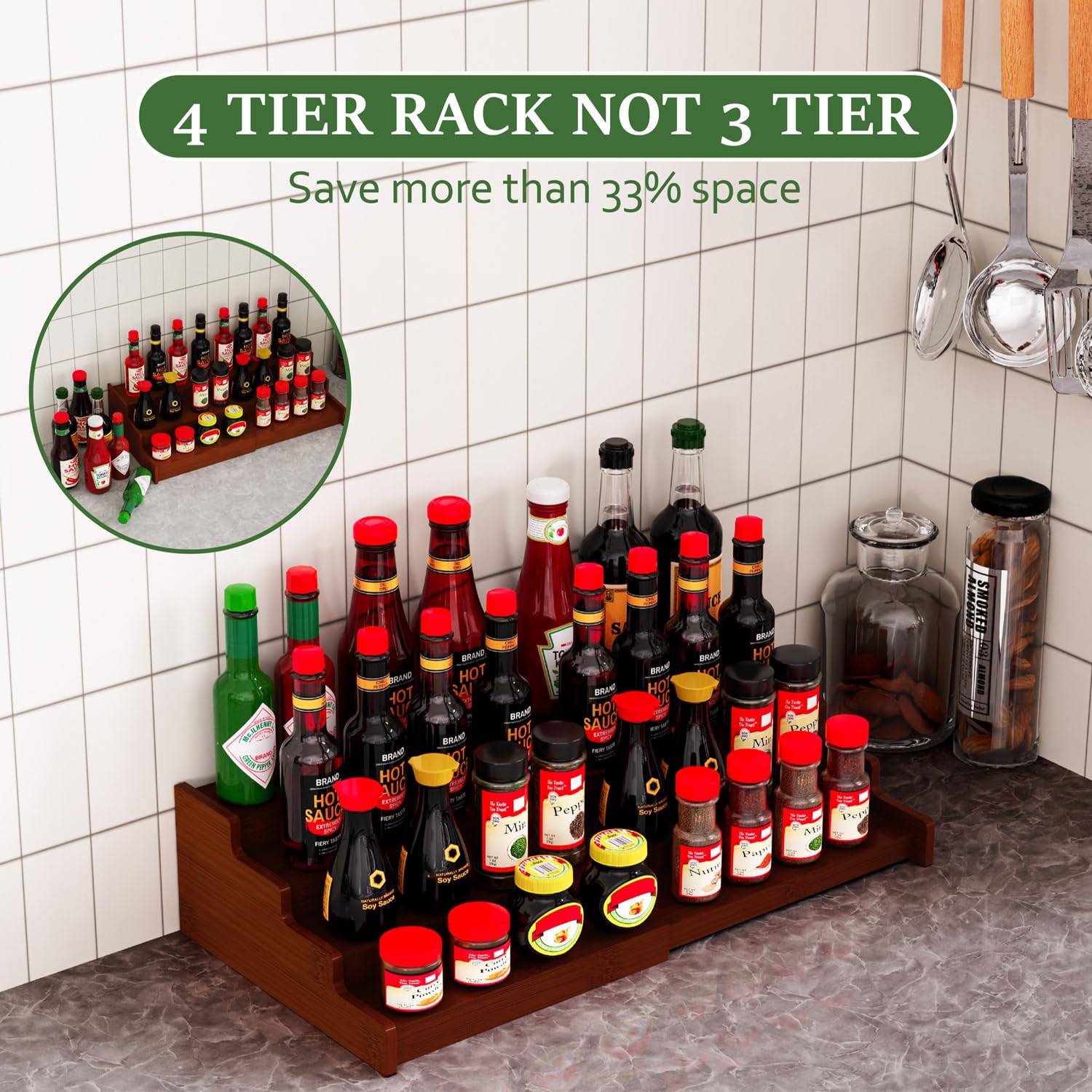 Lot de 2 étagères à épices extensibles à 4 niveaux en bambou pour armoire de cuisine, garde-manger et plan de travail, marron