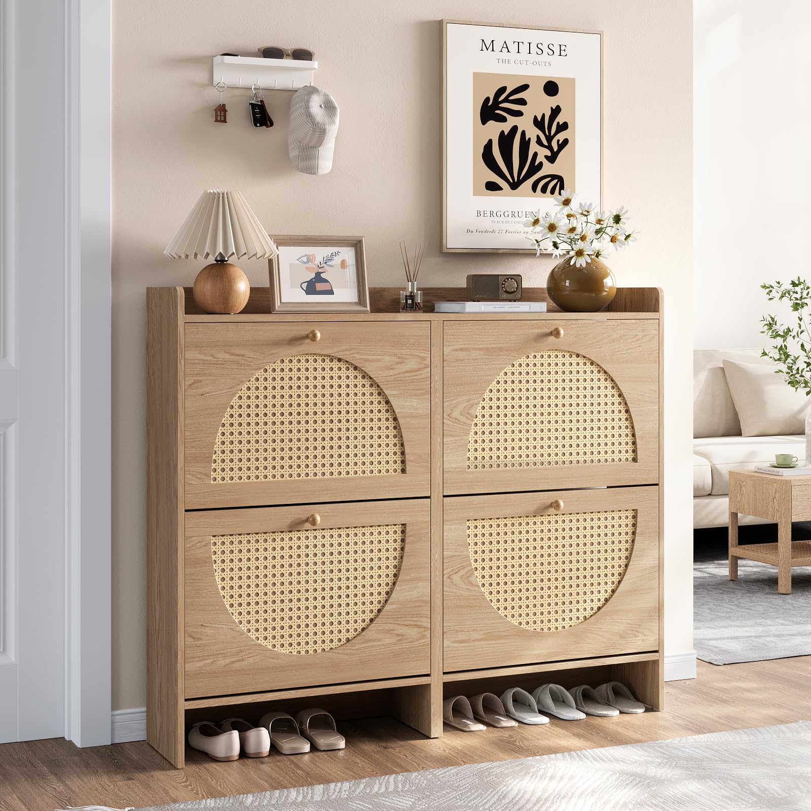 LGHM 4 Flip Drawers Large Shoe Cabinet Storage for Entryway, Narrow Corner Shoe Organizer with Half-Moon Rattan Doors, Freestanding Wood Hidden Shoe Rack for Hallway, Oak Natural
