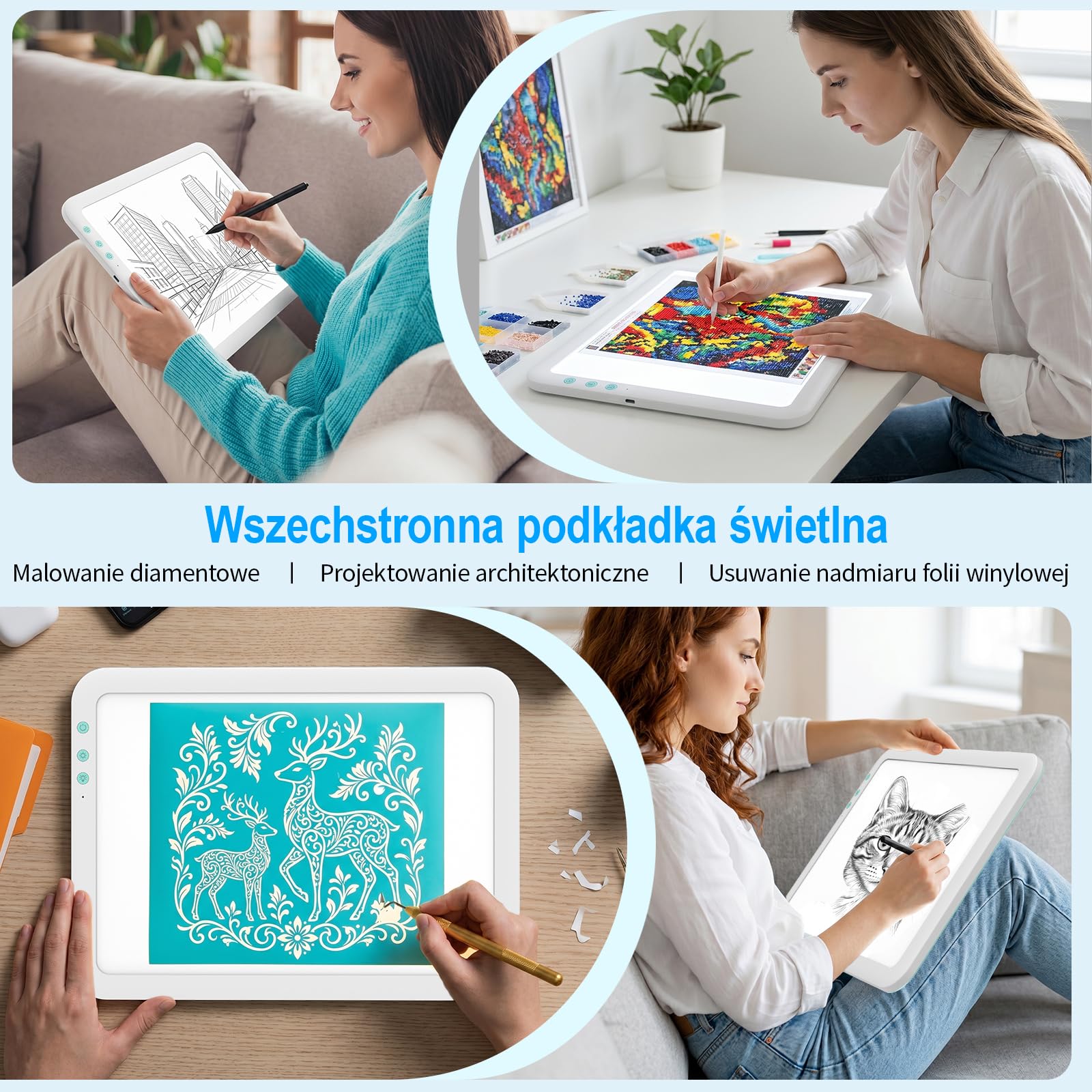 TOHETO A4 ładowana super jasna podkładka świetlna LED z torbą do przenoszenia Cricut Narzędzie winylowe, przenośna bezprzewodowa tablica oświetleniowa 3500 mAh do śledzenia, malowania diamentowego,