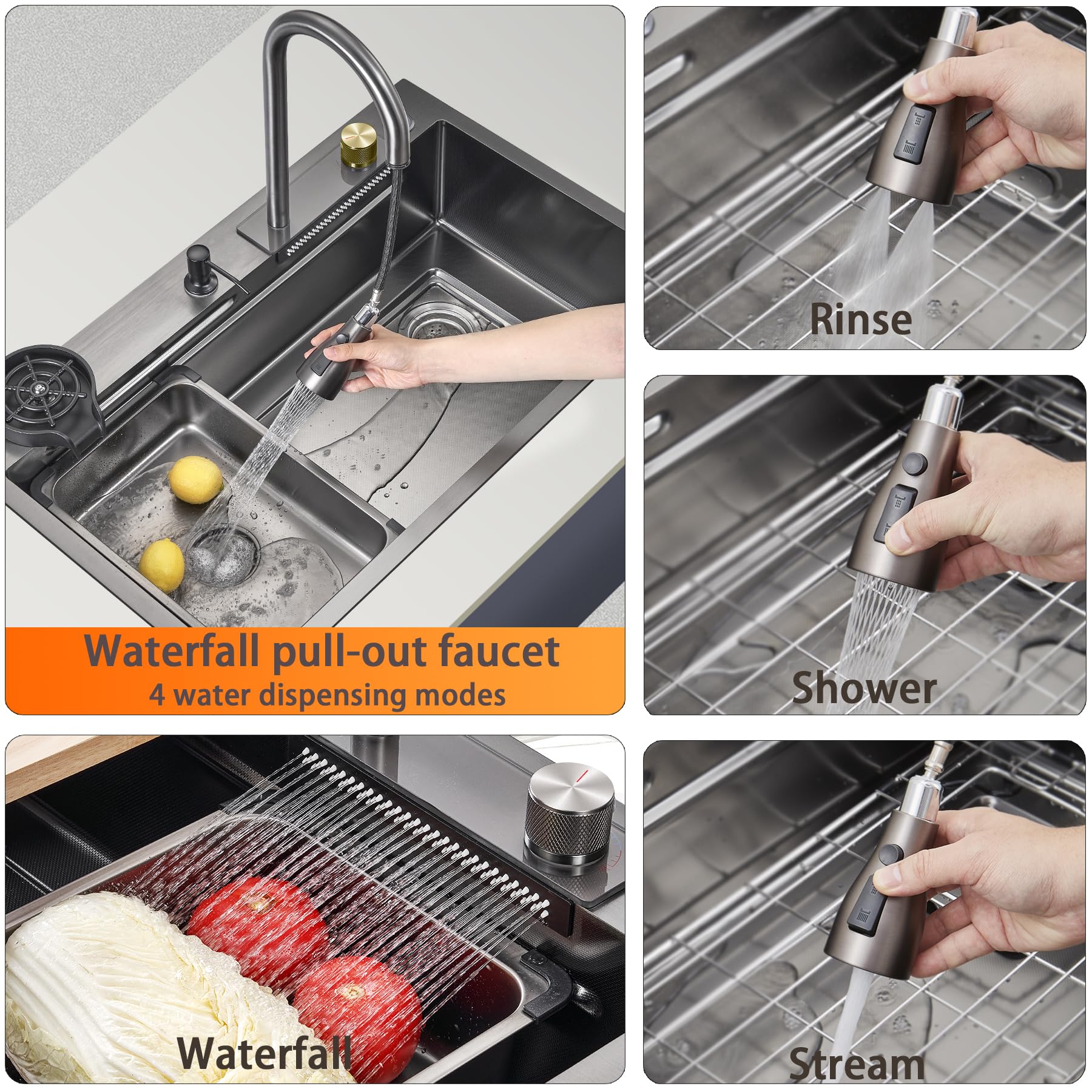 85x45 cm Edelstahl Wasserfall SpüLbecken,Schwarze Nano-KüChenspüLe Mit Multifunktions-Top-Mount-Wasserfall-Wasserhahn Und SpüLbeckenzubehöR-Set 1 Becken EinbauspüLe