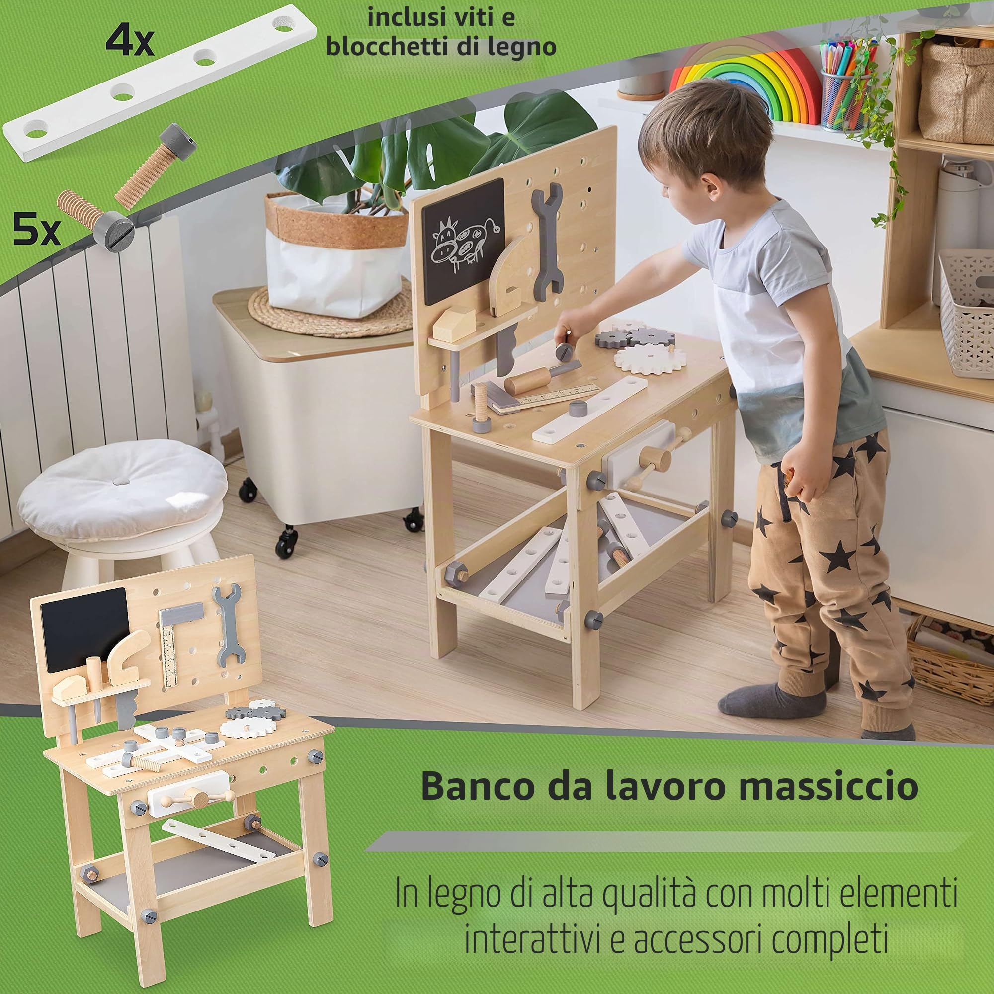 BALINCO Workbench Bambini in Legno, Laboratorio con Attrezzi per Bambini, Sega, Angolo, cacciavite, Ruote dentate, morsa, tavola, Accessori, Giocattoli in Legno a Partire da 3 Anni