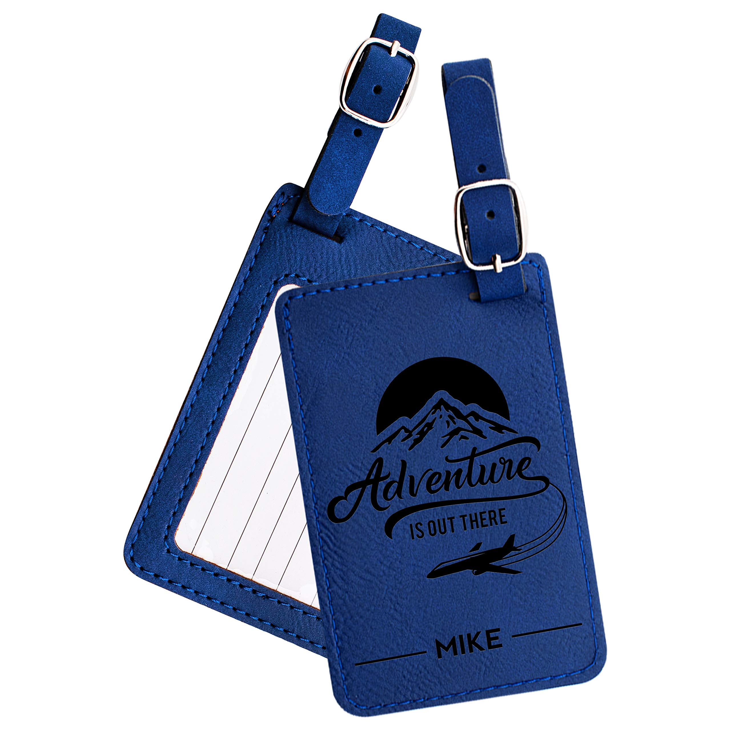 Personalized Luggage Tags with Strap + Name ID Card, Leatherette Cruise Ship Accessories for Honeymoon, Gifts for Travelers, Custom Luggage Tag - Blue