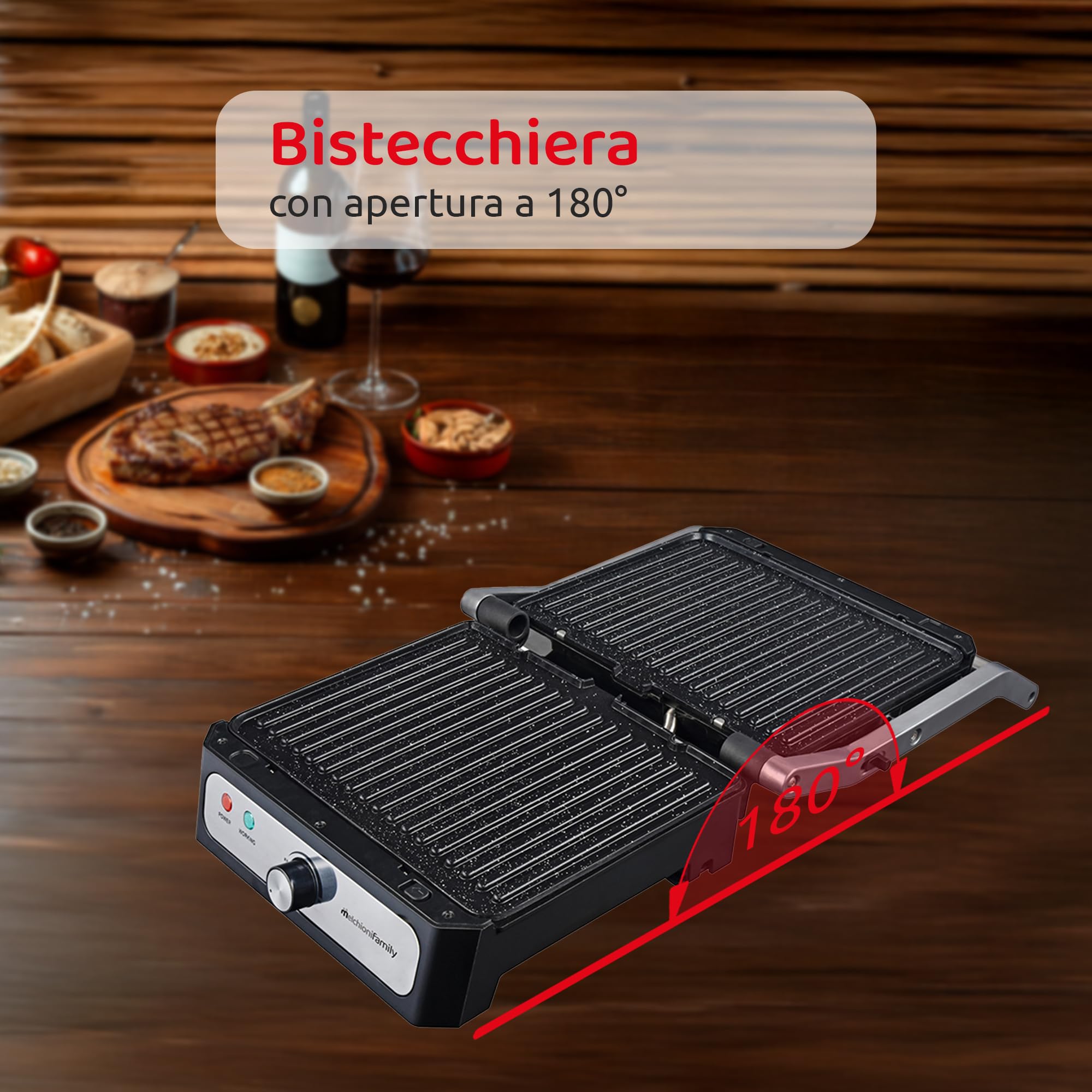 Melchioni Family | Bistecchiera Elettrica con Piastre in Ceramica Removibili, IRIS, Apertura a 180°, Piastre 28x25 cm, Termostato Regolabile, 1800W