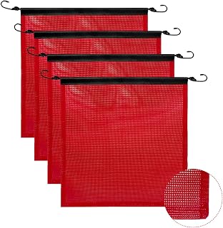 Oversize Load Safety Flag for Trucks with Rubber Bungee Cord and EZ Hook -DOT Compliant - 18'' x 18'' High Visibility Vinyl Mesh Warning Flags, Edge Binding - 4 Pack