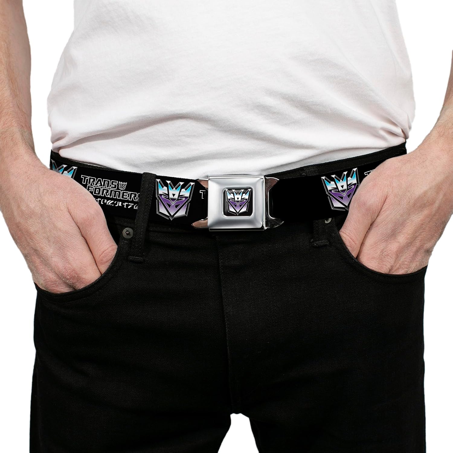 Hasbro Belt, Seatbelt Buckle Belt, Transformers Decepticons Cybertronian Icon Black Grays Purple, Adjustable