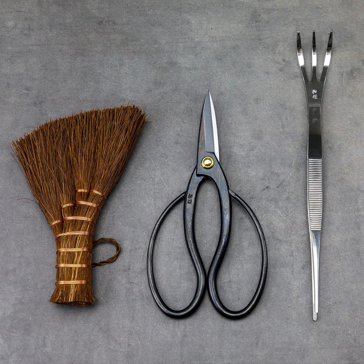 Wazakura Japanese Bonsai Garden 3PCS Tool Starter Kit, Made in Japan, Traditional Bonsai Scissors, Stainless Tweezers with Rake, Chinese Broom. Beginner Set wit Tweezers, Shears and Brush