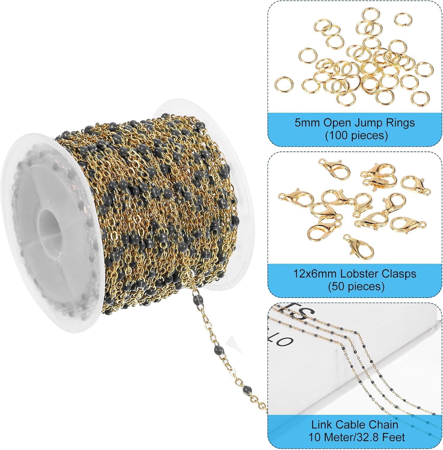PATIKIL Stainless Steel Jewelry Chain, 33Ft 1.5mm Black Beaded Link Cable Chains for Necklace Earring Bracelet Findings Jewelry Making Trucker Hat Chains, Gold/Black