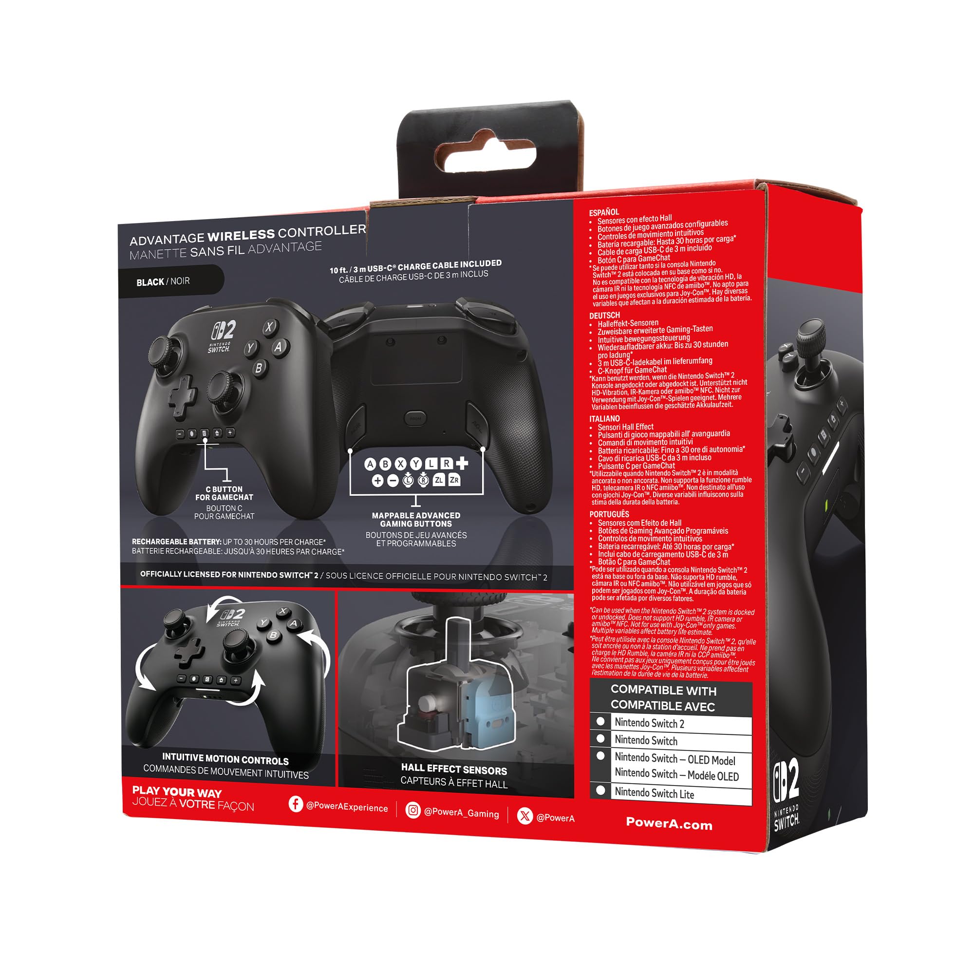 PowerA Controller senza fili Advantage per Nintendo Switch 2 - NeroCon licenza ufficiale, effetto Hall, pulsanti mappabili, controller pro, Pulsante C, comandi di movimento