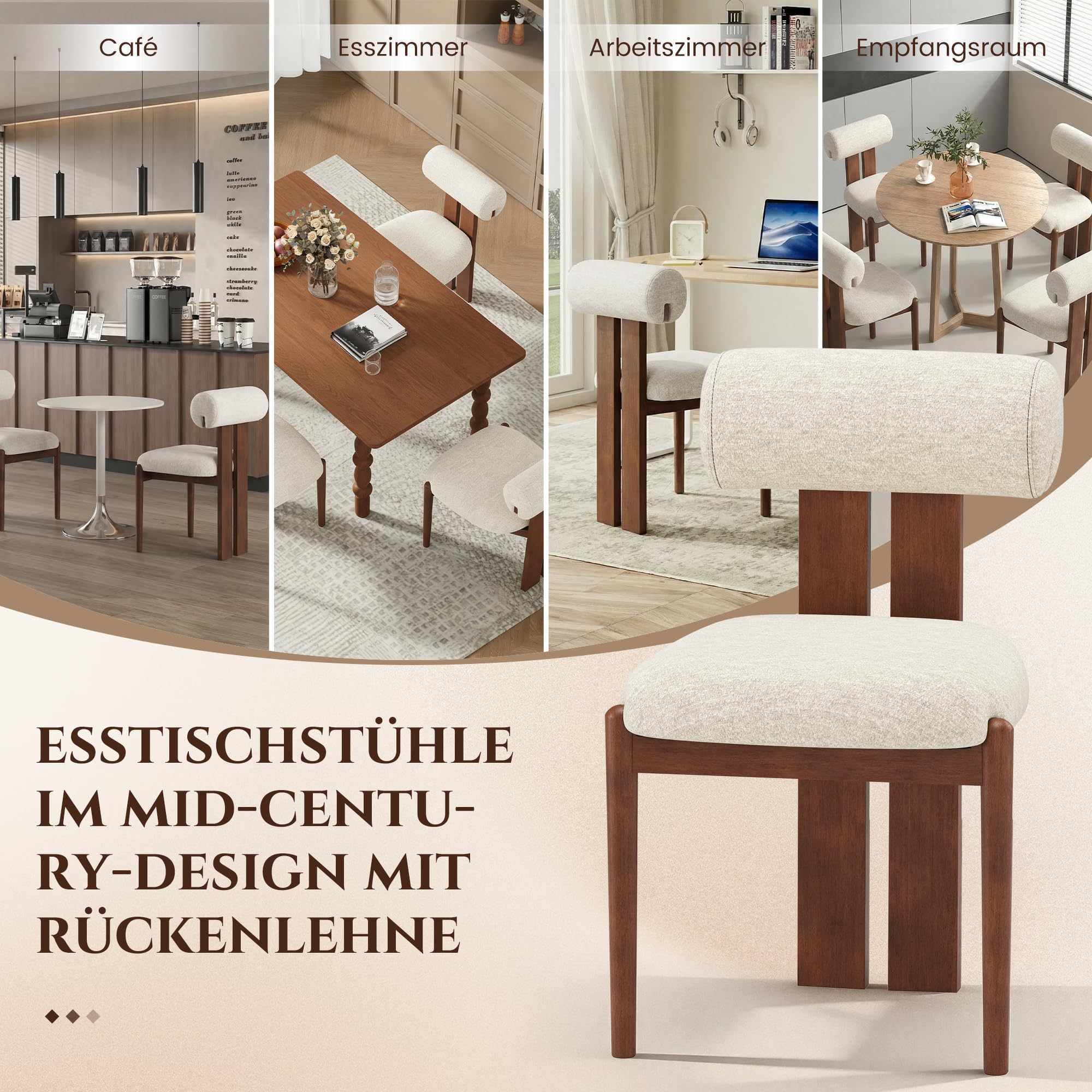 MALOL Esszimmerstühle 6er Set, Mid-Century Modern Polsterstühle aus Stoff mit Stabiler Rückenlehne & dunkelbraunen Holzbeinen, Beige – Geeignet für Esszimmer, Küche und Gastronomie, Beige