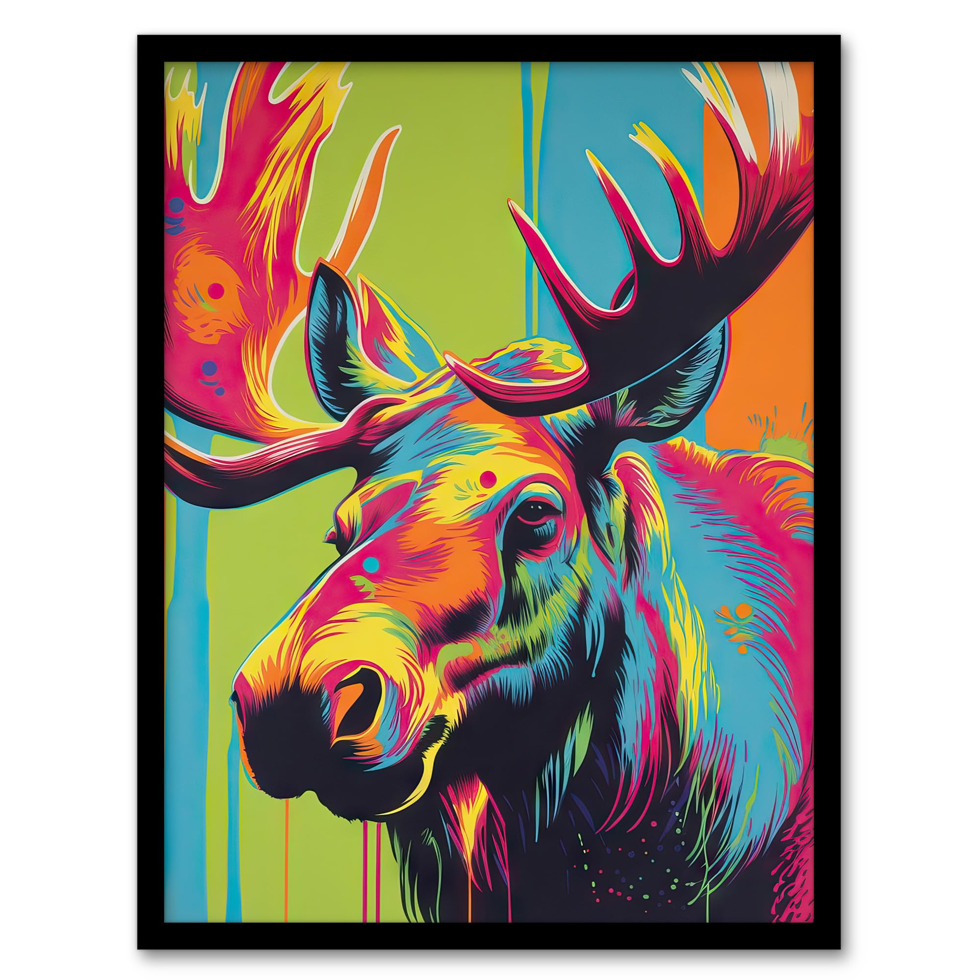 Artery8 Canadian Moose Painting Vibrant Portrait Modern Artwork Artwork Framed Wall Art Print 18X24 Inch